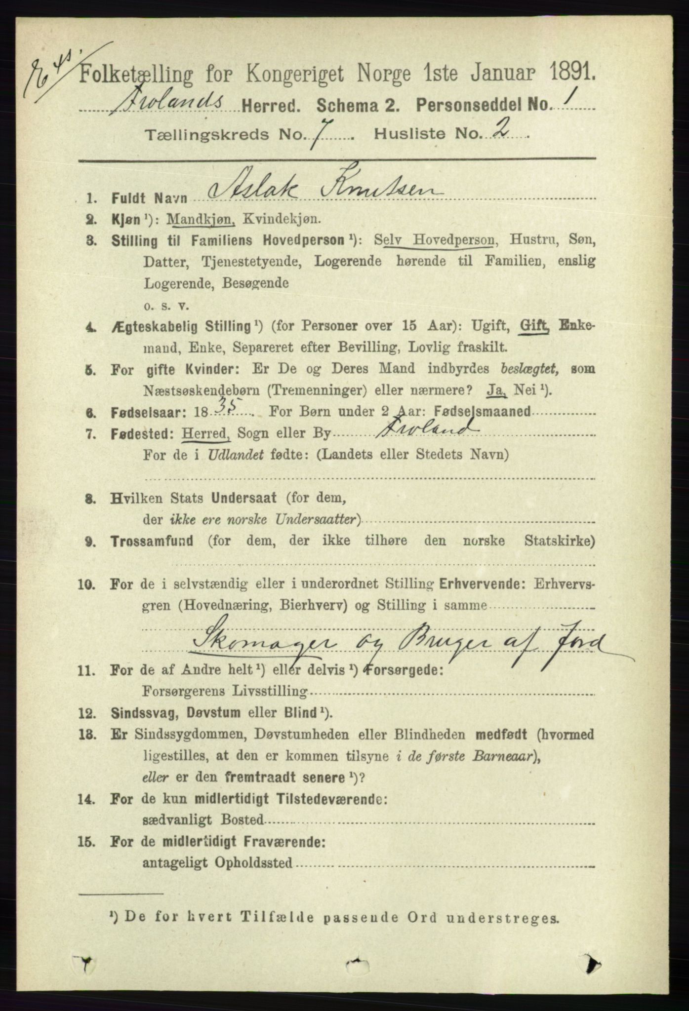 RA, Census 1891 for Nedenes amt: Gjenparter av personsedler for beslektede ektefeller, menn, 1891, p. 452