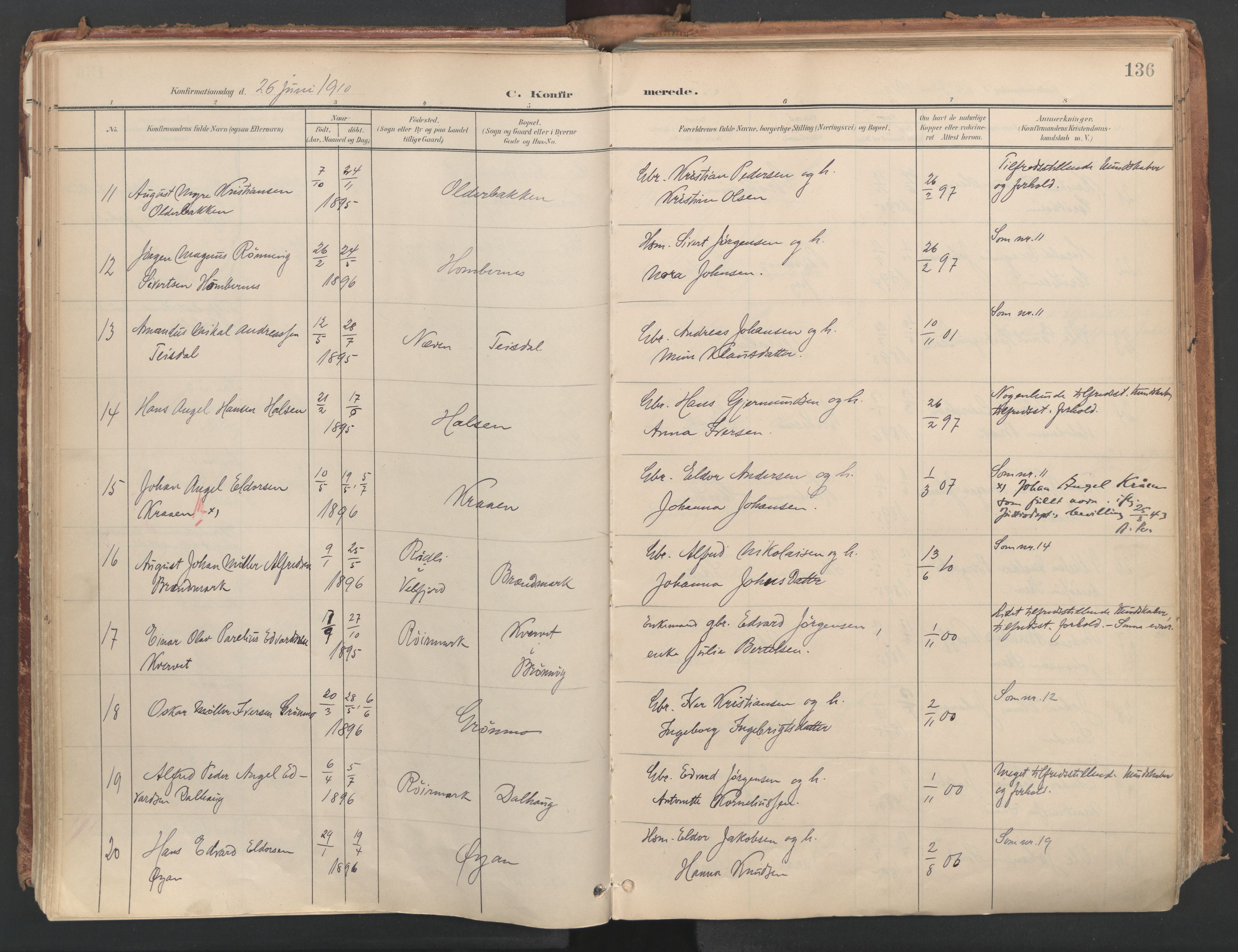 Ministerialprotokoller, klokkerbøker og fødselsregistre - Nordland, AV/SAT-A-1459/812/L0180: Parish register (official) no. 812A09, 1901-1915, p. 136