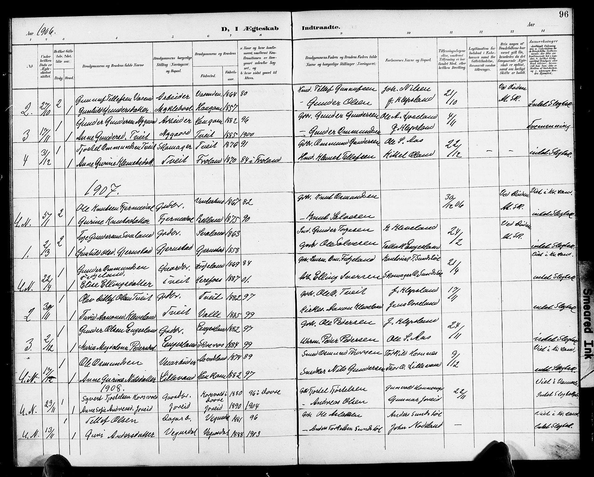 Herefoss sokneprestkontor, SAK/1111-0019/F/Fb/Fbb/L0003: Parish register (copy) no. B 3, 1892-1917, p. 96