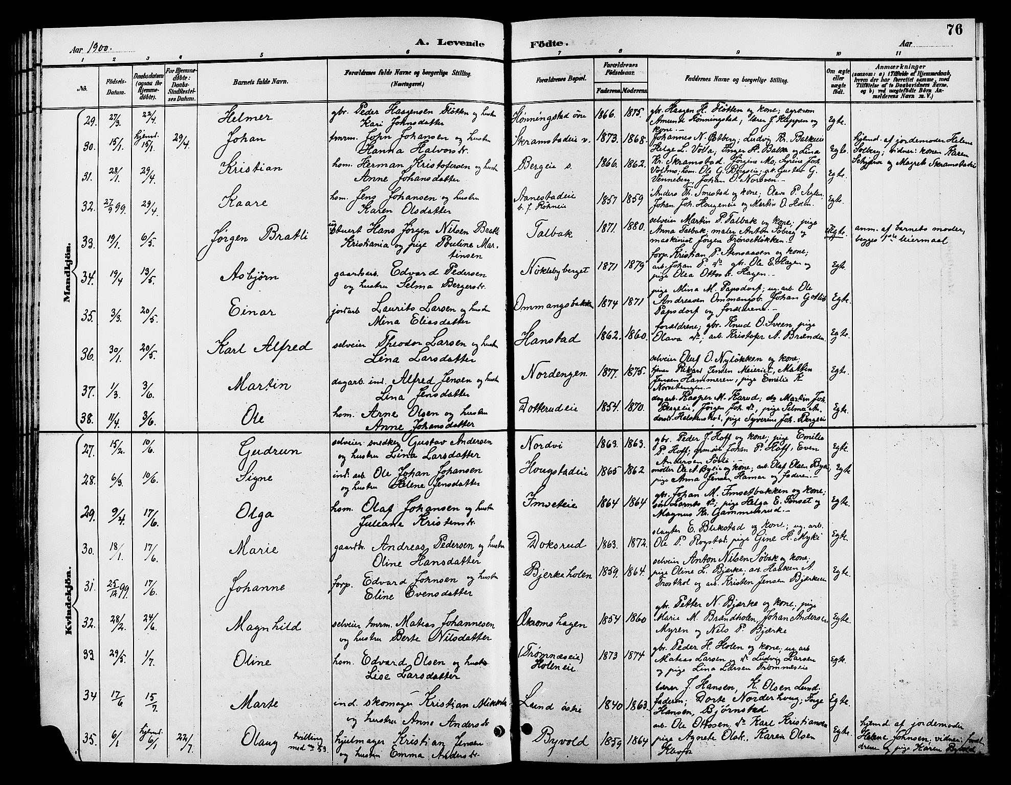 Løten prestekontor, SAH/PREST-022/L/La/L0006: Parish register (copy) no. 6, 1892-1909, p. 76
