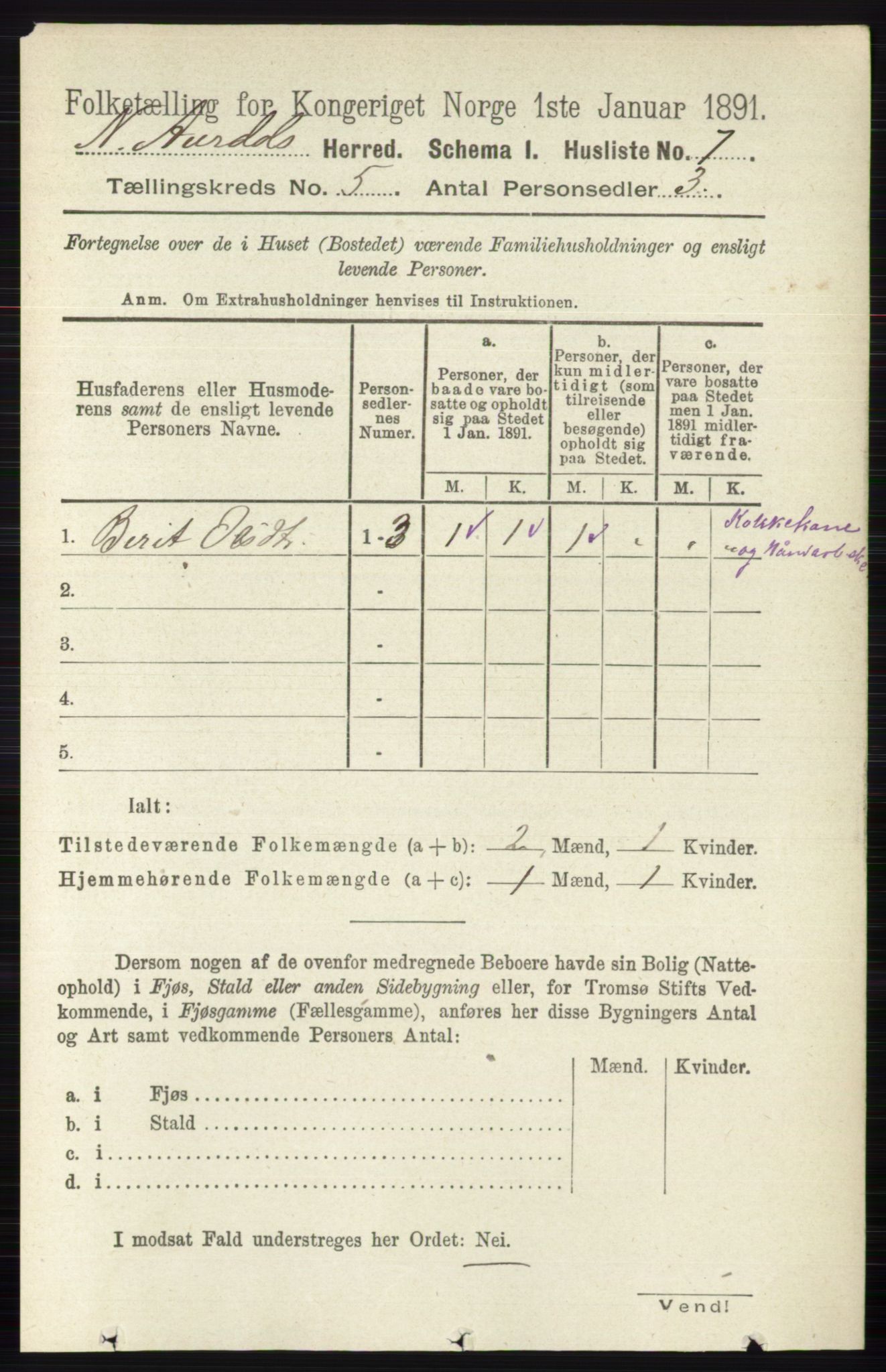 RA, 1891 census for 0542 Nord-Aurdal, 1891, p. 1248