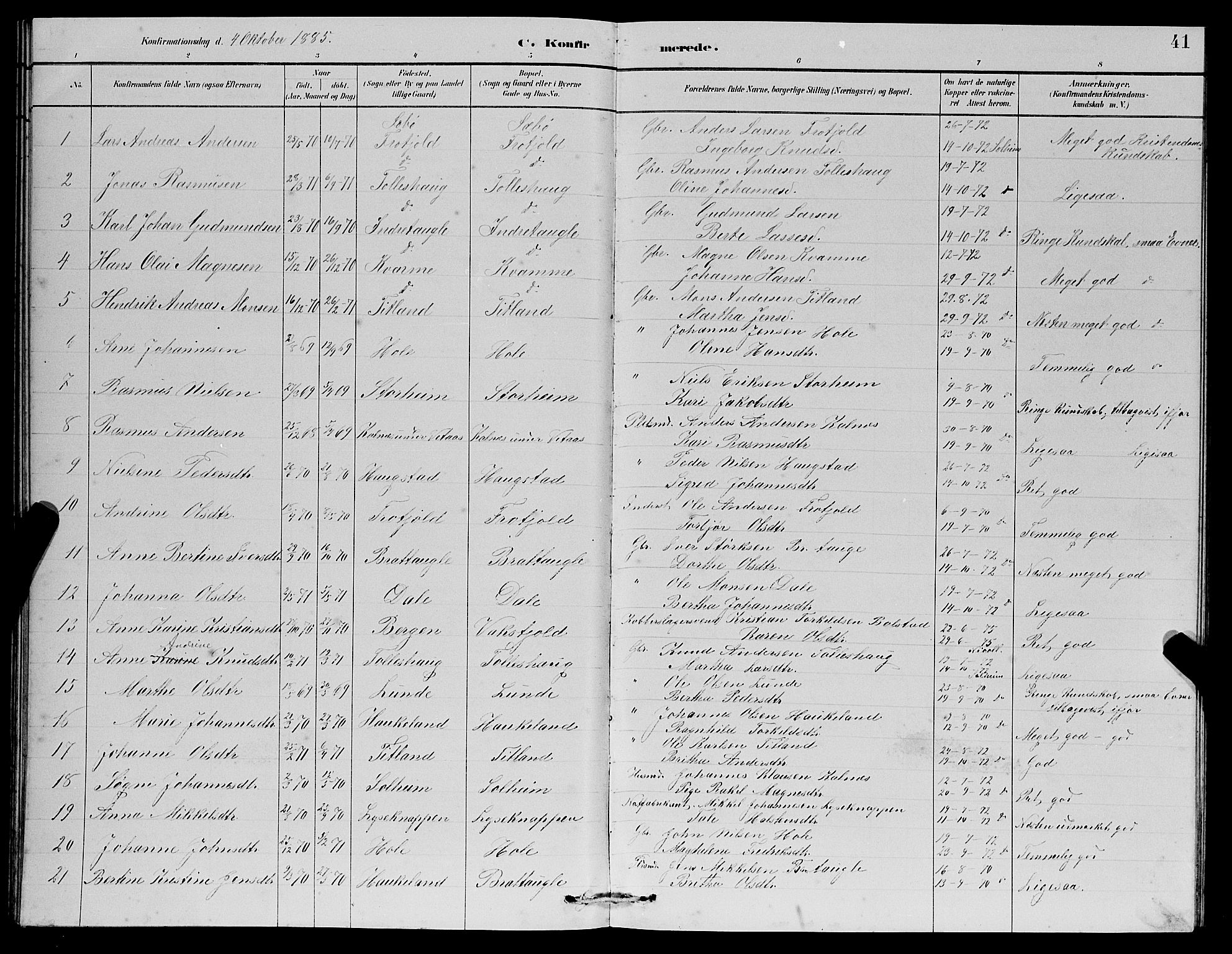Manger sokneprestembete, SAB/A-76801/H/Hab: Parish register (copy) no. D 2, 1883-1894, p. 41