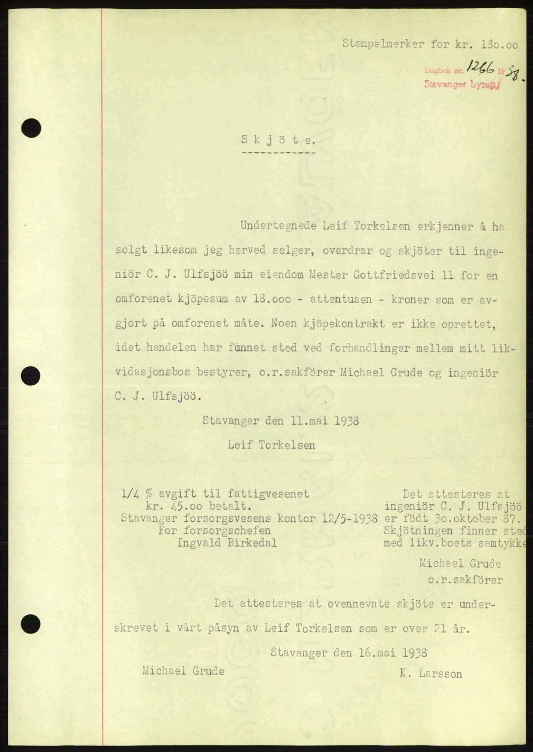 Stavanger byrett, SAST/A-100455/002/G/Gb/L0013: Mortgage book no. A3, 1937-1938, Diary no: : 1266/1938