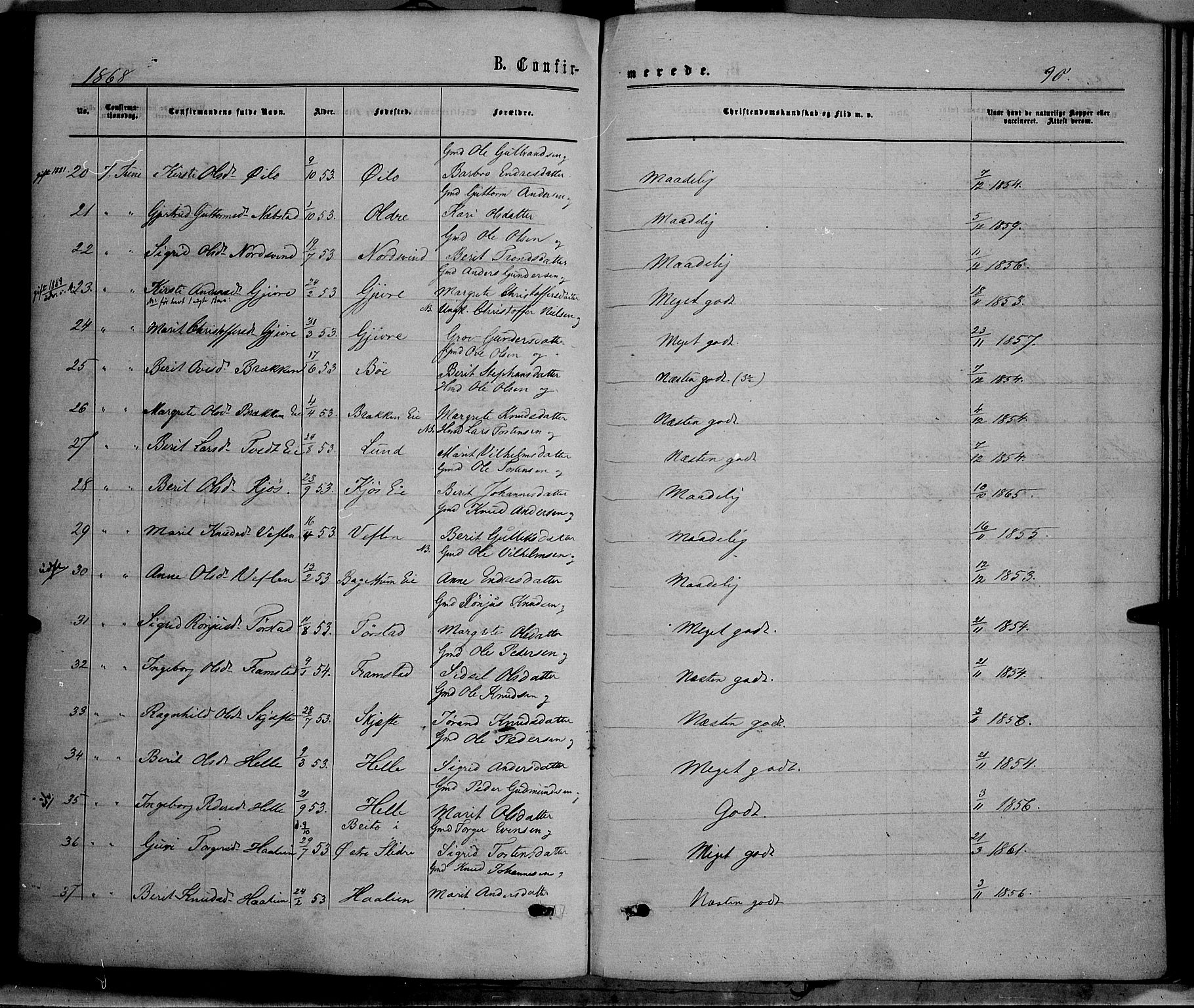 Vang prestekontor, Valdres, SAH/PREST-140/H/Ha/L0007: Parish register (official) no. 7, 1865-1881, p. 90