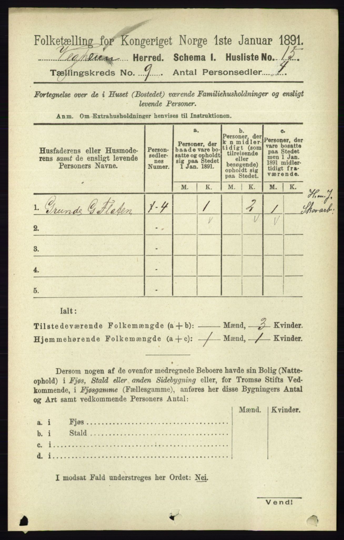 RA, 1891 census for 0912 Vegårshei, 1891, p. 1726