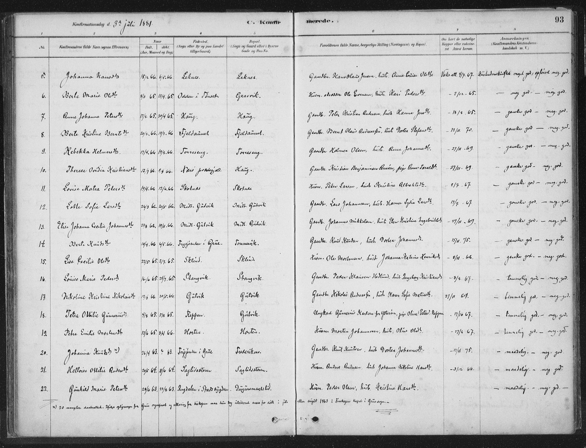 Ministerialprotokoller, klokkerbøker og fødselsregistre - Nord-Trøndelag, AV/SAT-A-1458/788/L0697: Parish register (official) no. 788A04, 1878-1902, p. 93