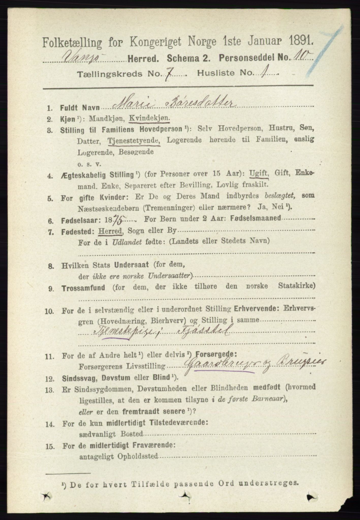 RA, 1891 census for 0414 Vang, 1891, p. 5035