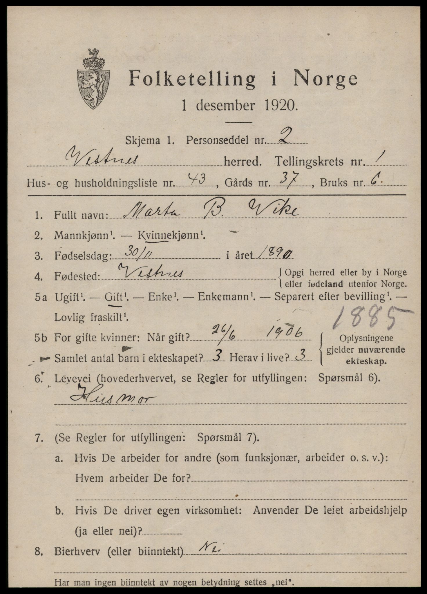 SAT, 1920 census for Vestnes, 1920, p. 1735