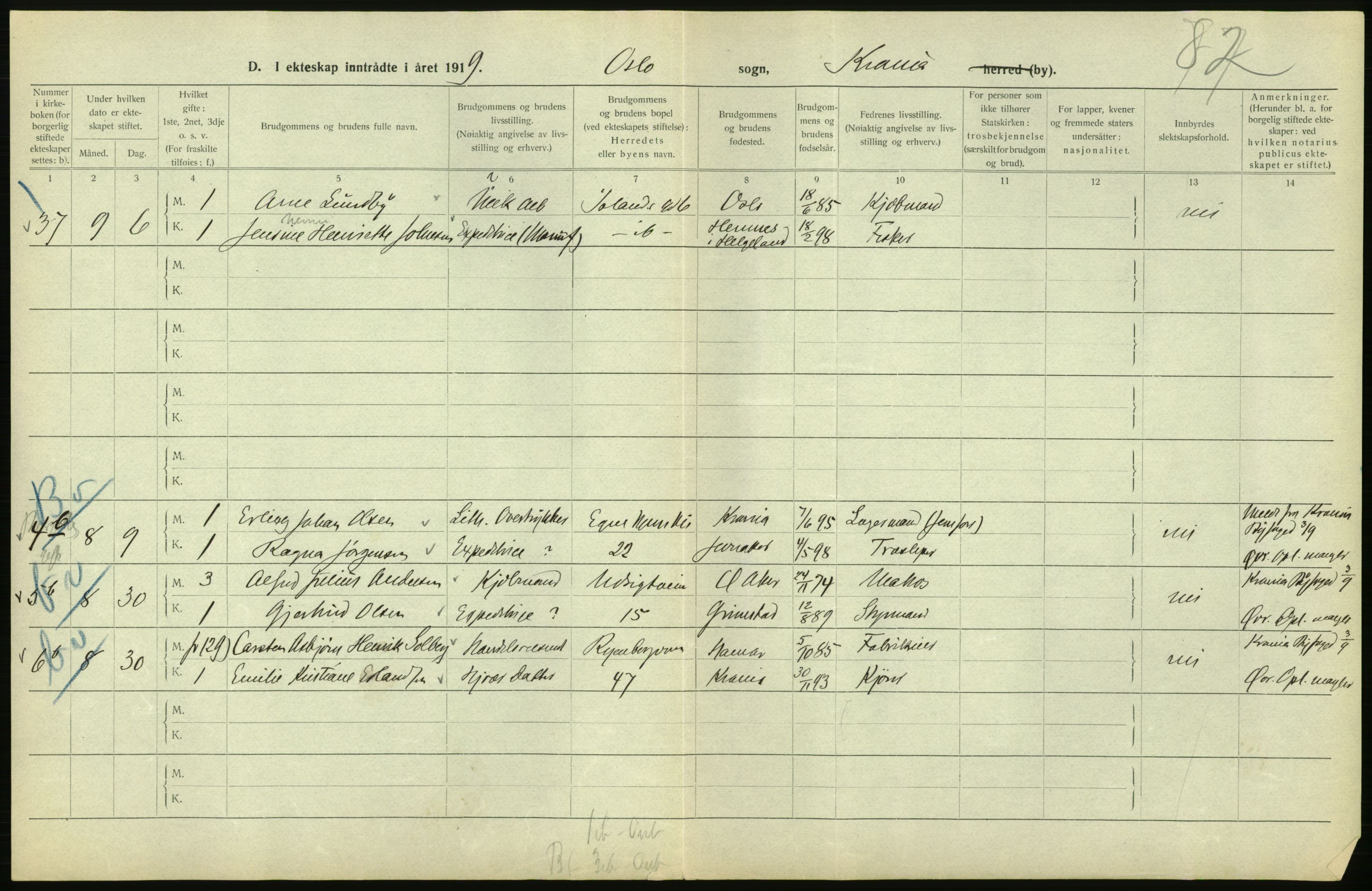 Statistisk sentralbyrå, Sosiodemografiske emner, Befolkning, AV/RA-S-2228/D/Df/Dfb/Dfbi/L0009: Kristiania: Gifte, 1919, p. 492