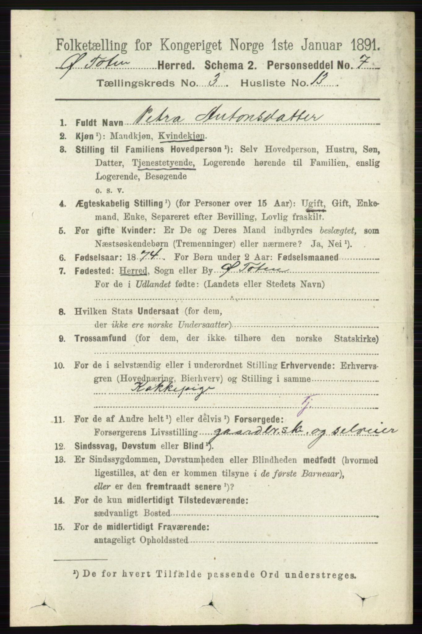 RA, 1891 census for 0528 Østre Toten, 1891, p. 1632