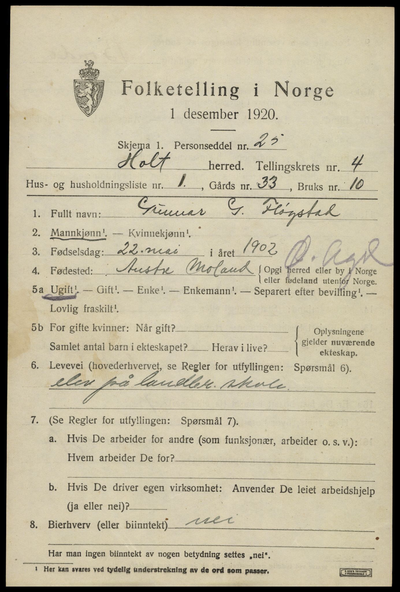 SAK, 1920 census for Holt, 1920, p. 2856