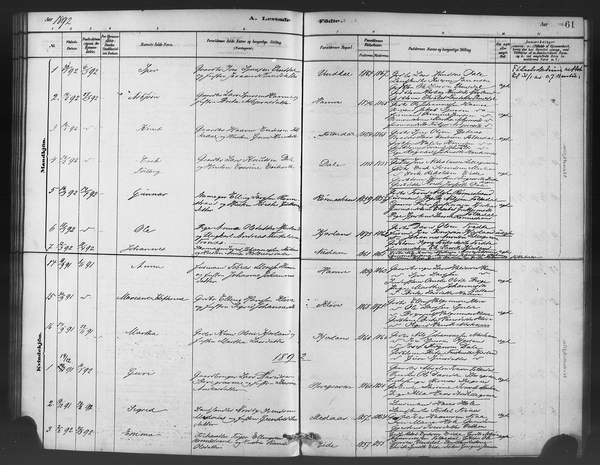 Ulvik sokneprestembete, SAB/A-78801/H/Haa: Parish register (official) no. C 1, 1878-1903, p. 61