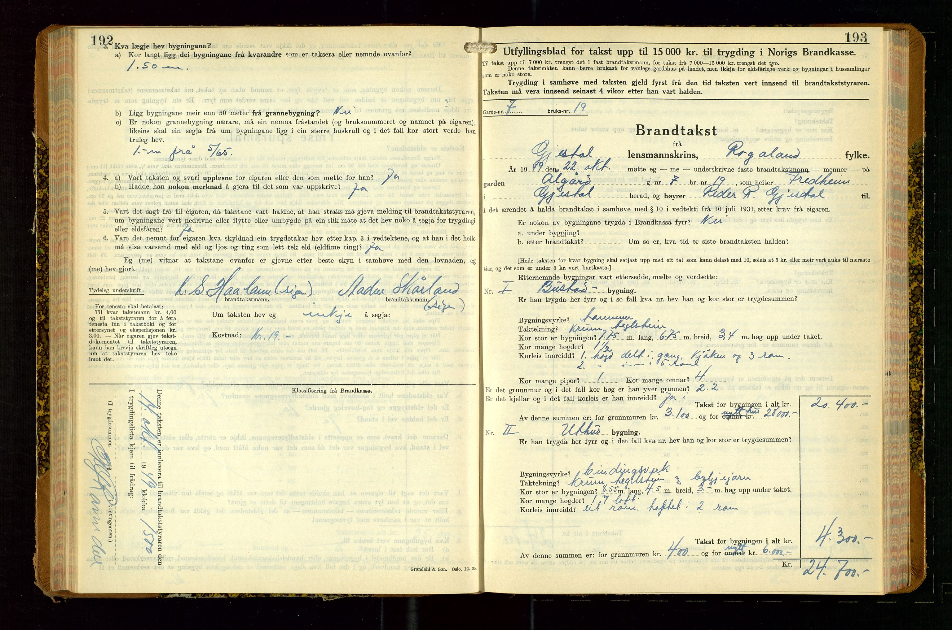 Gjesdal lensmannskontor, SAST/A-100441/Go/L0008: Branntakstskjemaprotokoll, 1937-1955, p. 192-193