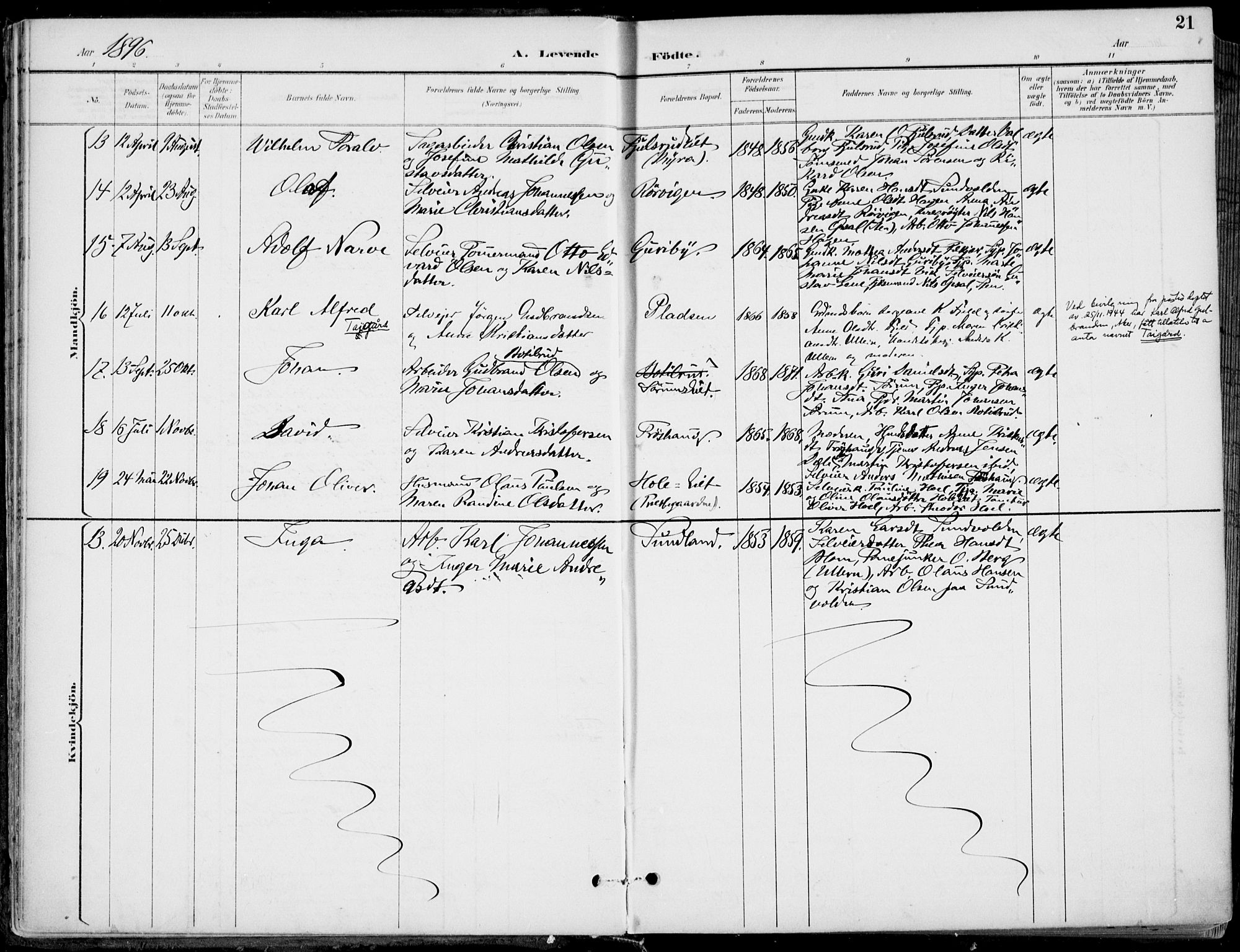 Hole kirkebøker, AV/SAKO-A-228/F/Fa/L0009: Parish register (official) no. I 9, 1892-1907, p. 21