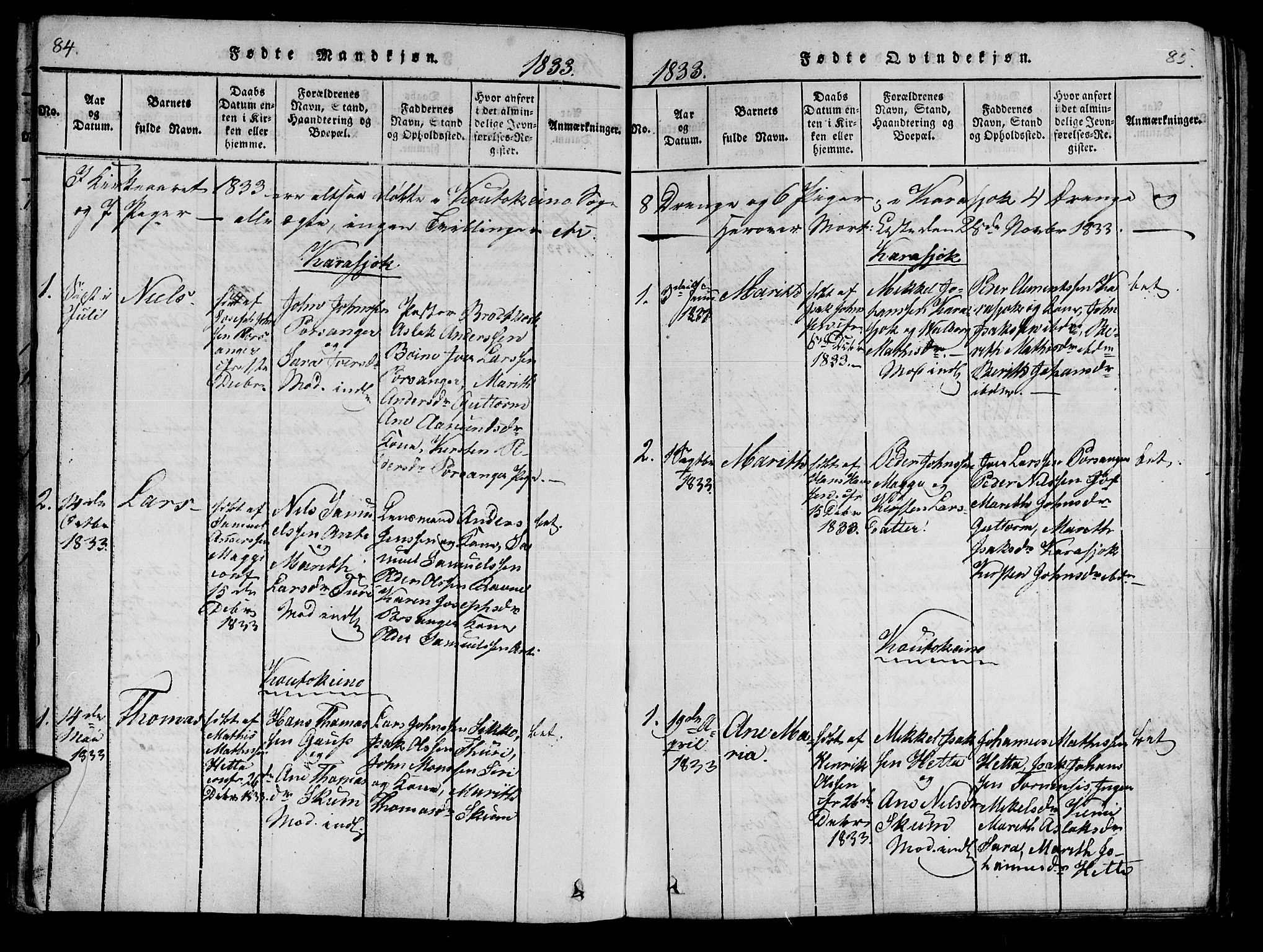 Kistrand/Porsanger sokneprestembete, SATØ/S-1351/H/Ha/L0010.kirke: Parish register (official) no. 10, 1821-1842, p. 84-85