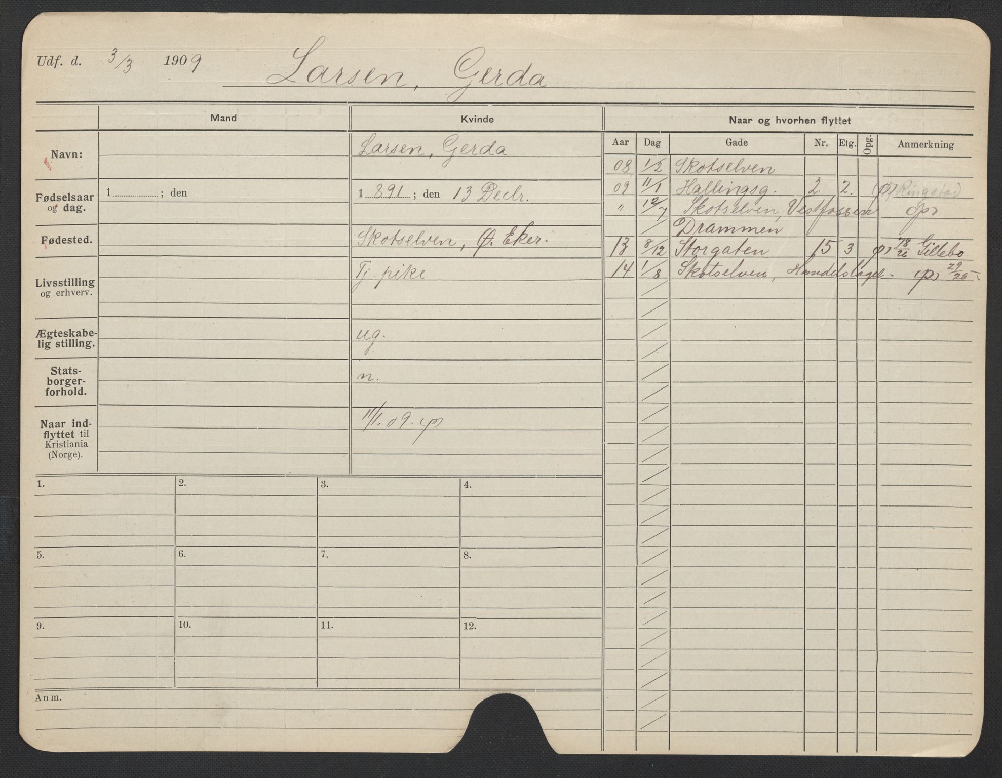 Oslo folkeregister, Registerkort, AV/SAO-A-11715/F/Fa/Fac/L0019: Kvinner, 1906-1914, p. 884a