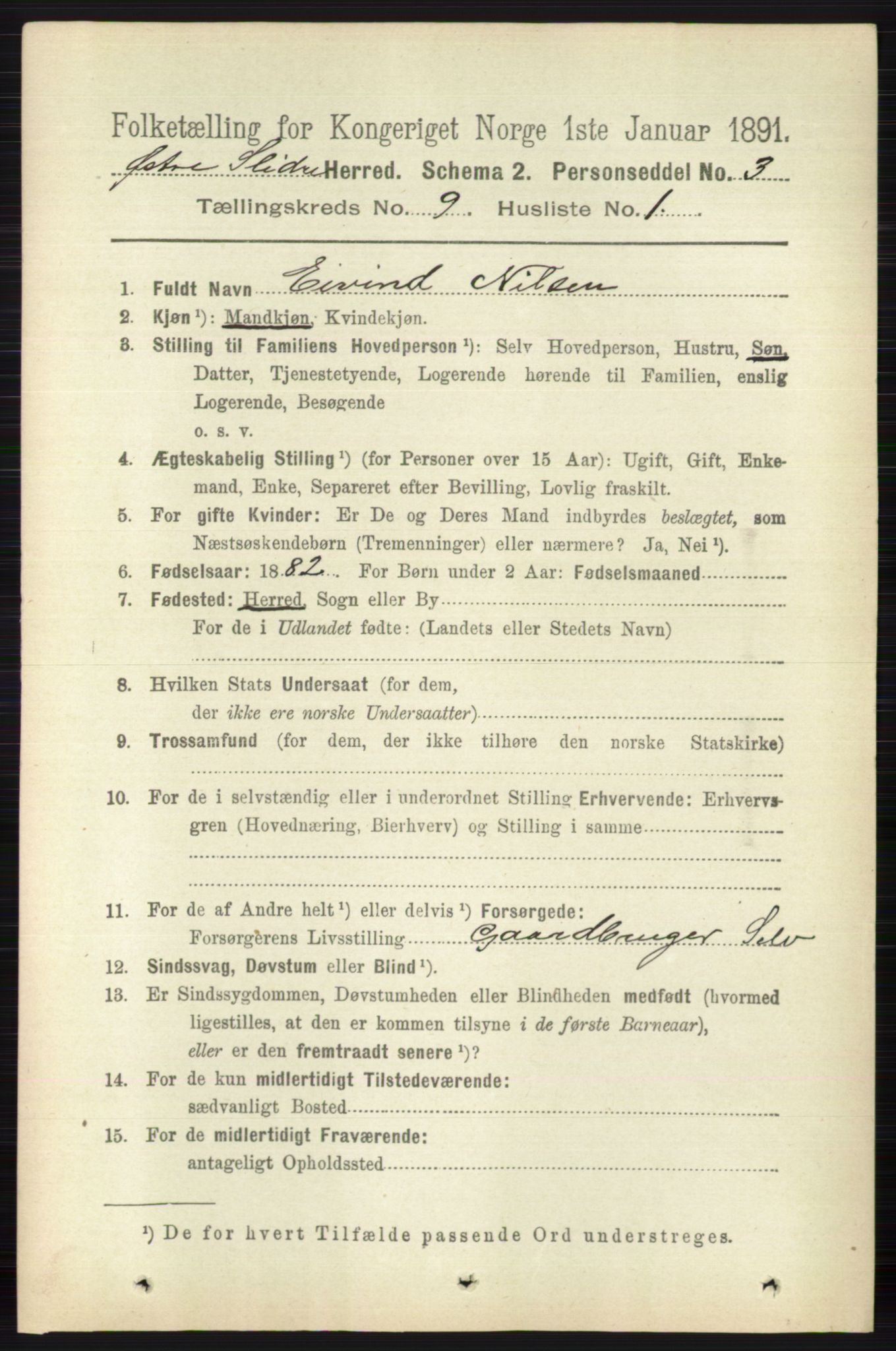 RA, 1891 census for 0544 Øystre Slidre, 1891, p. 3039