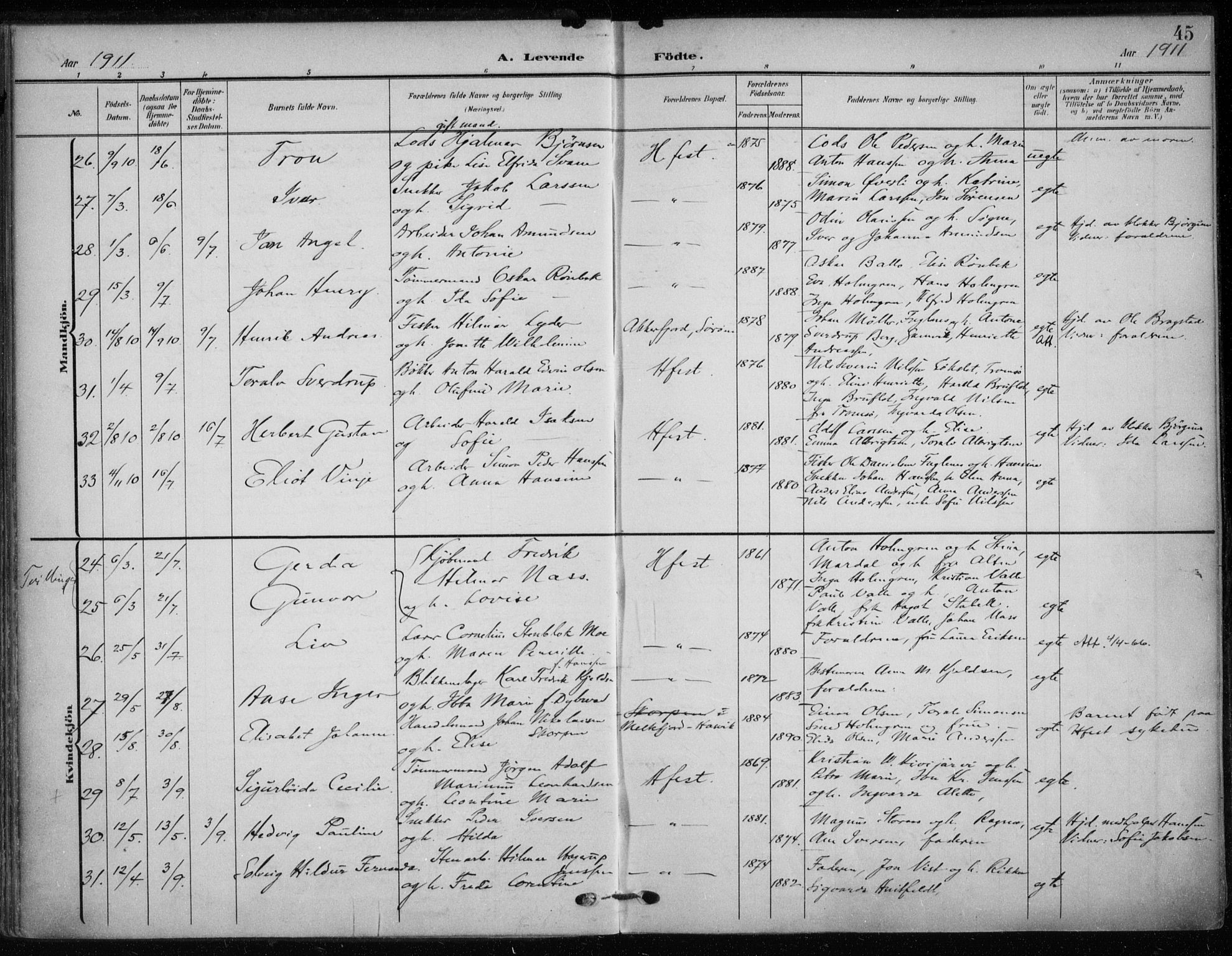 Hammerfest sokneprestkontor, SATØ/S-1347/H/Ha/L0014.kirke: Parish register (official) no. 14, 1906-1916, p. 45
