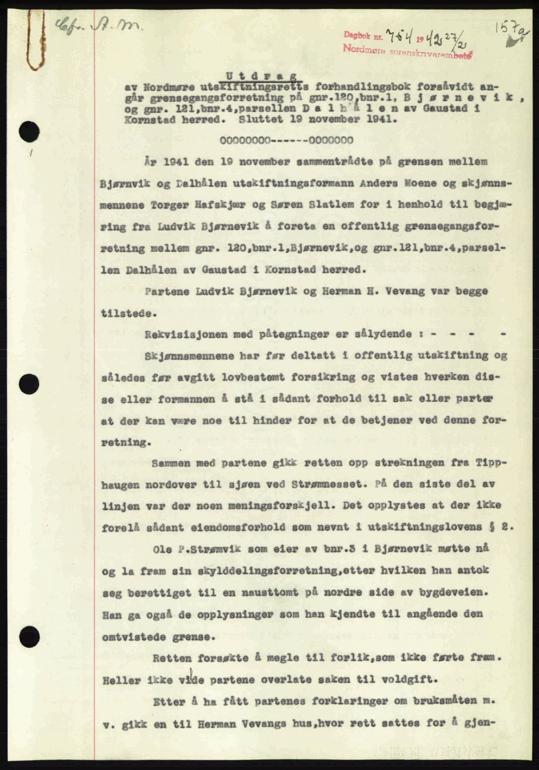 Nordmøre sorenskriveri, AV/SAT-A-4132/1/2/2Ca: Mortgage book no. A92, 1942-1942, Diary no: : 754/1942