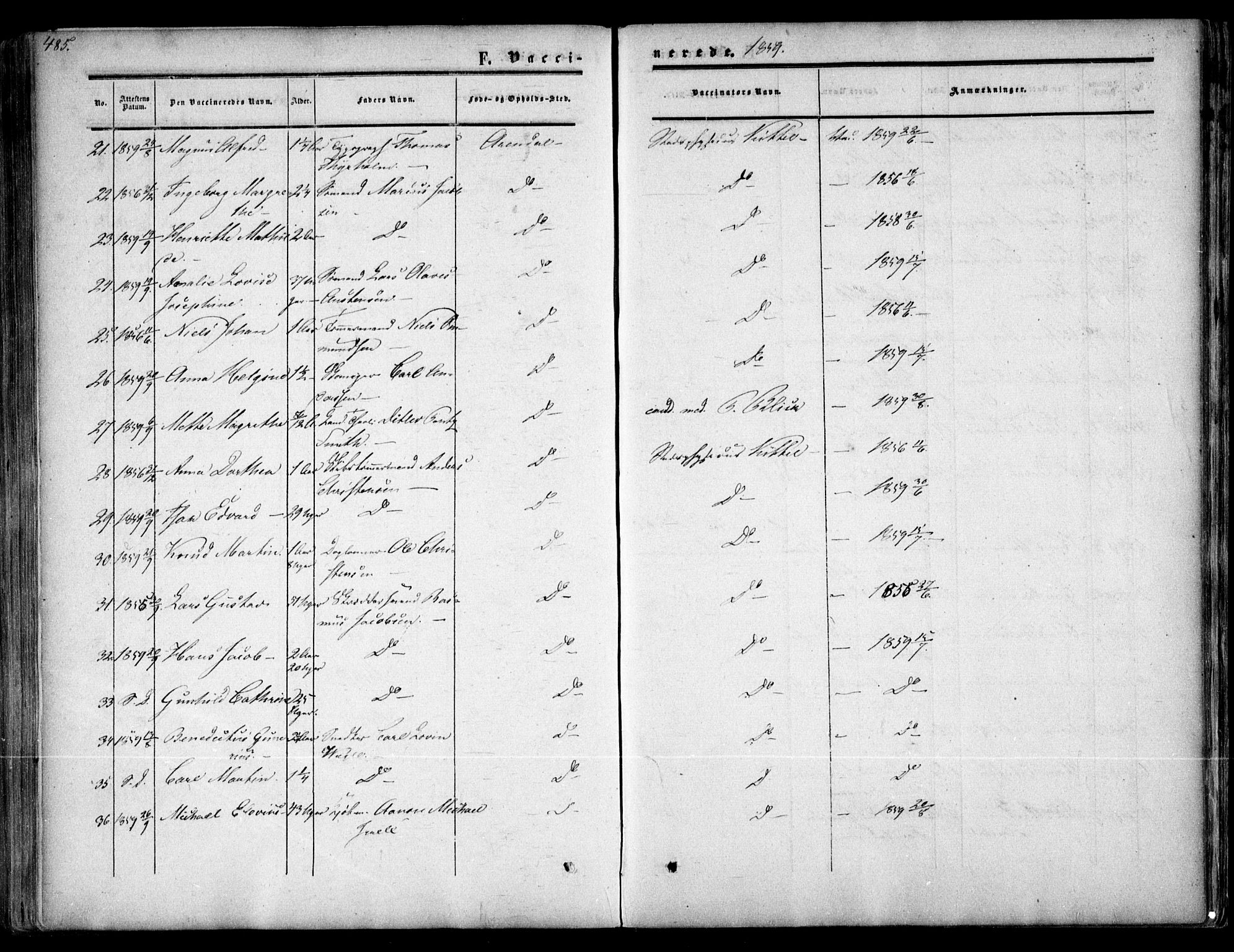 Arendal sokneprestkontor, Trefoldighet, AV/SAK-1111-0040/F/Fa/L0006: Parish register (official) no. A 6, 1855-1868, p. 485