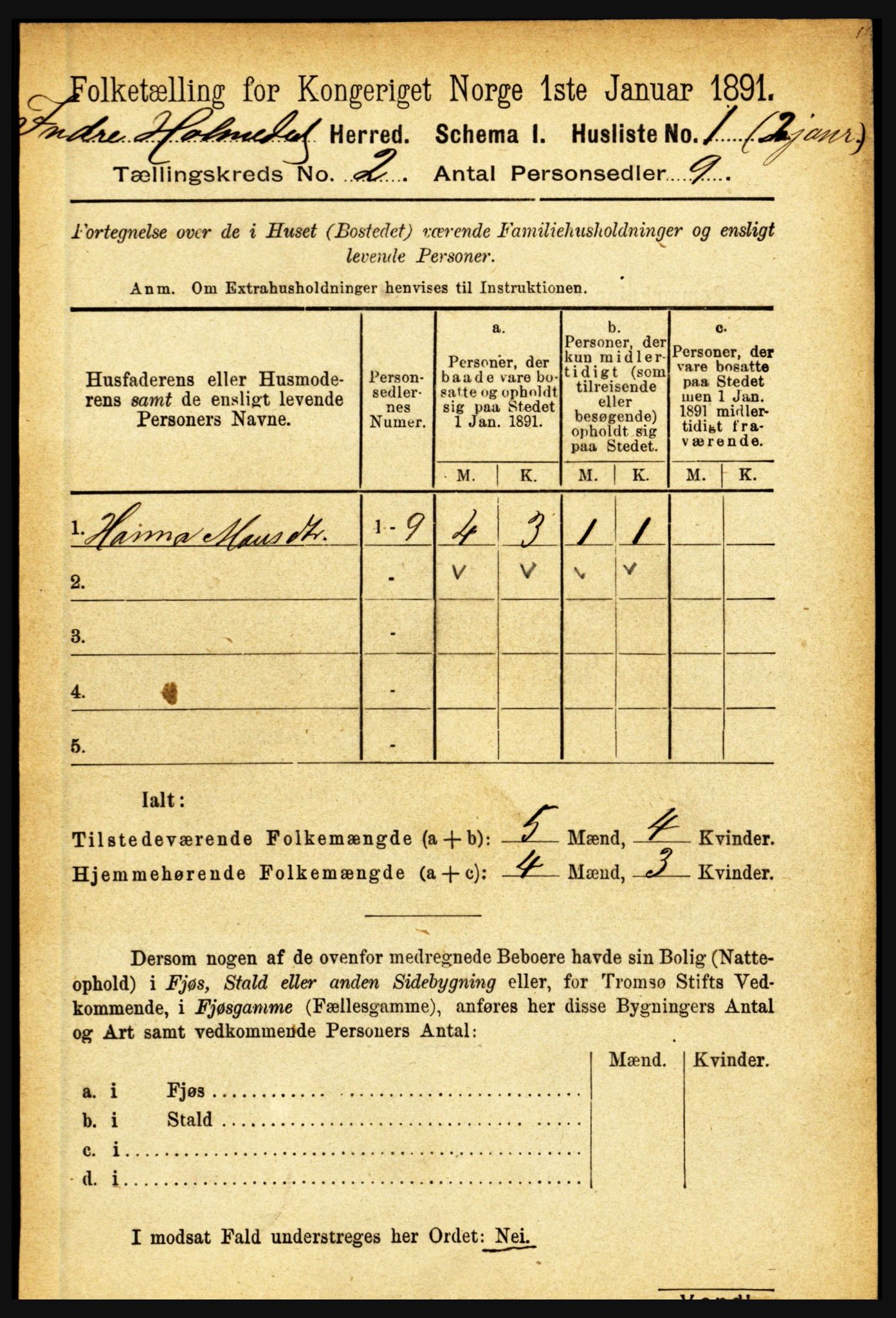 RA, 1891 census for 1430 Indre Holmedal, 1891, p. 401