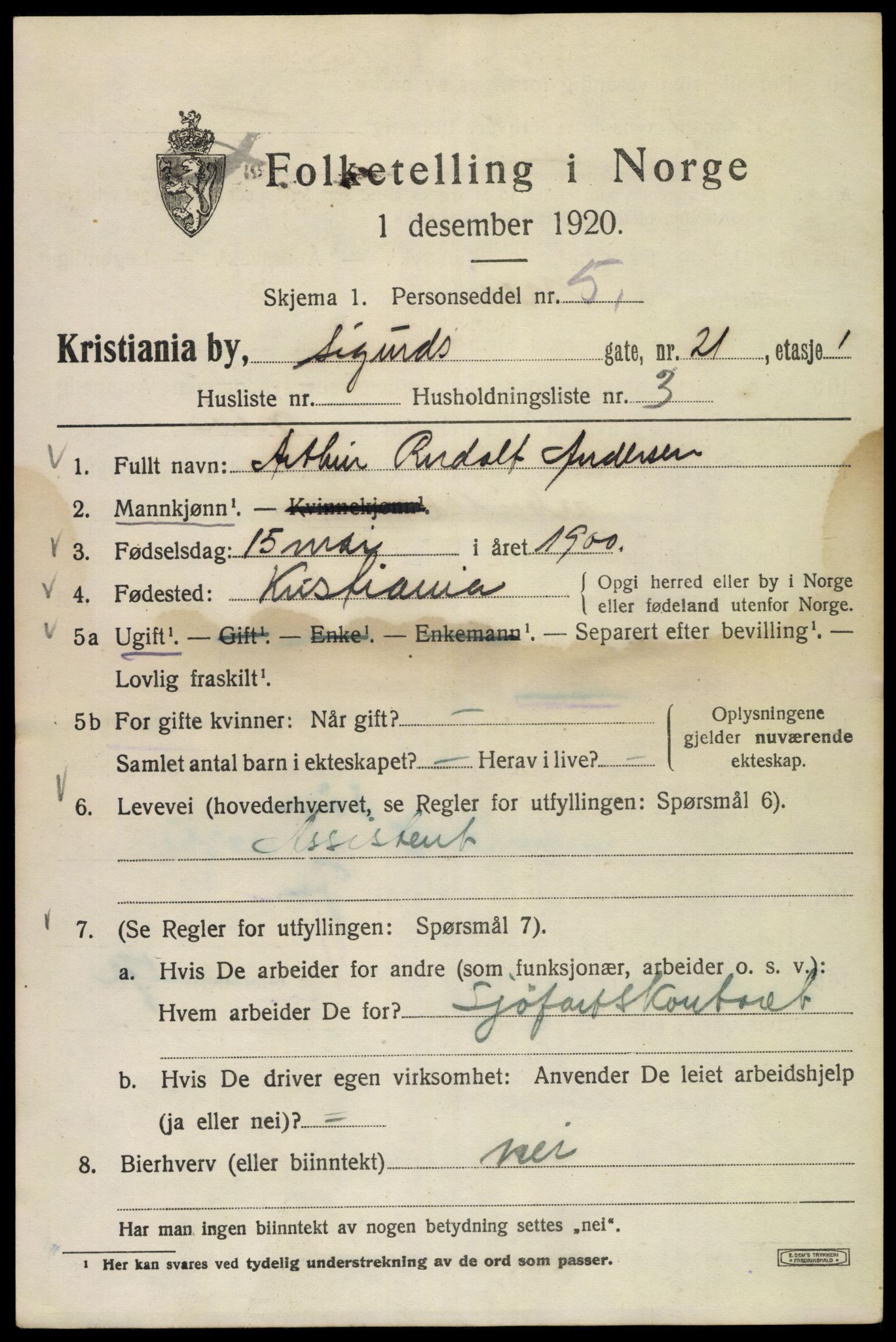 SAO, 1920 census for Kristiania, 1920, p. 511389