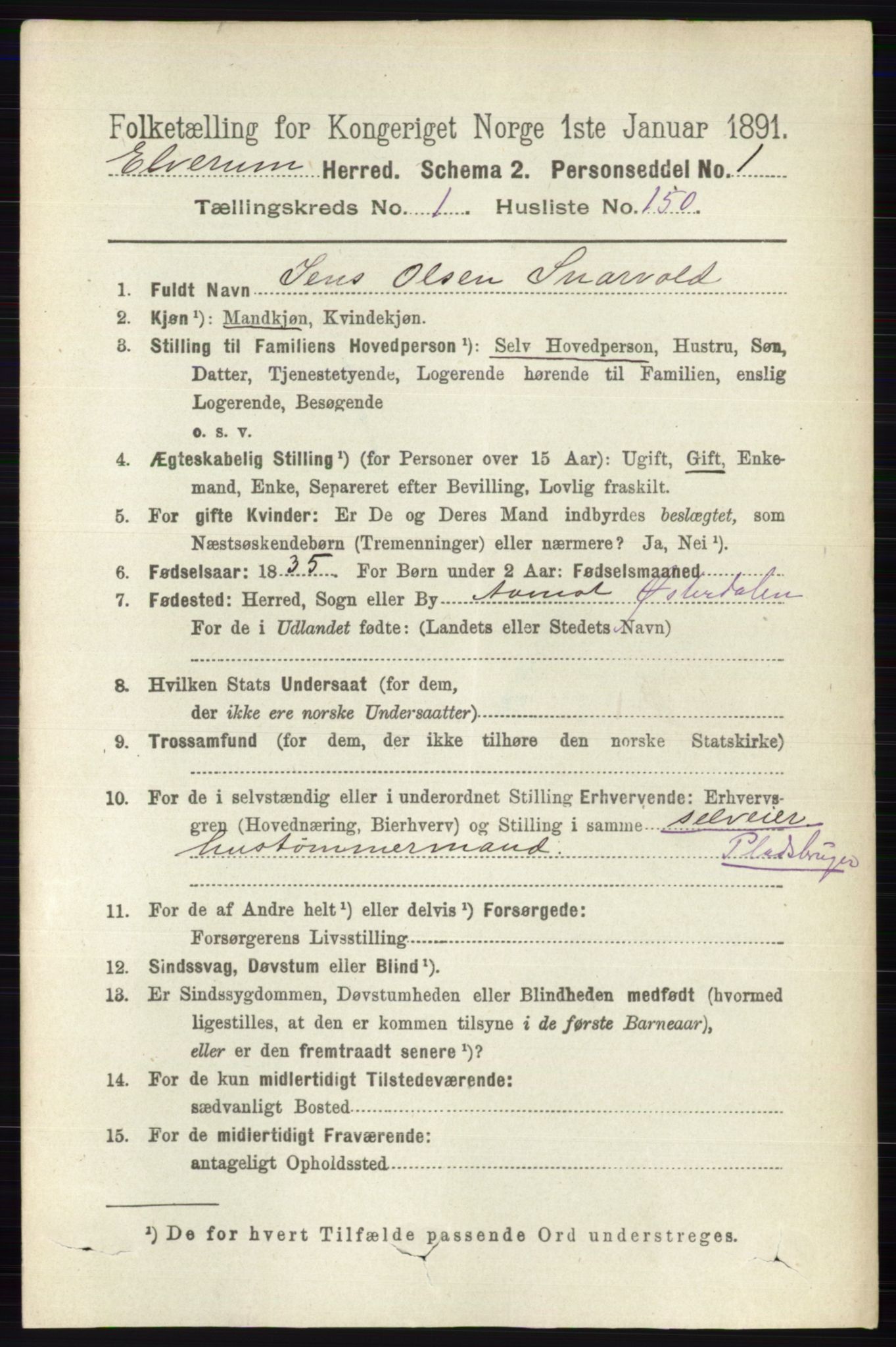 RA, 1891 census for 0427 Elverum, 1891, p. 1114