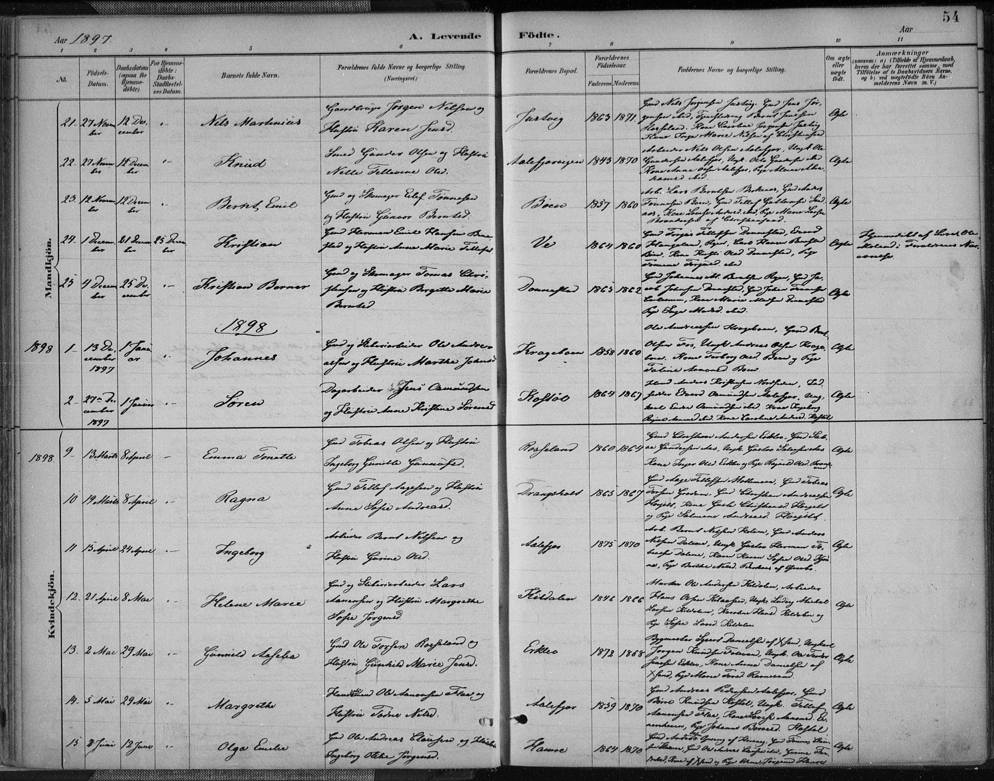 Tveit sokneprestkontor, AV/SAK-1111-0043/F/Fa/L0007: Parish register (official) no. A 7, 1887-1908, p. 54