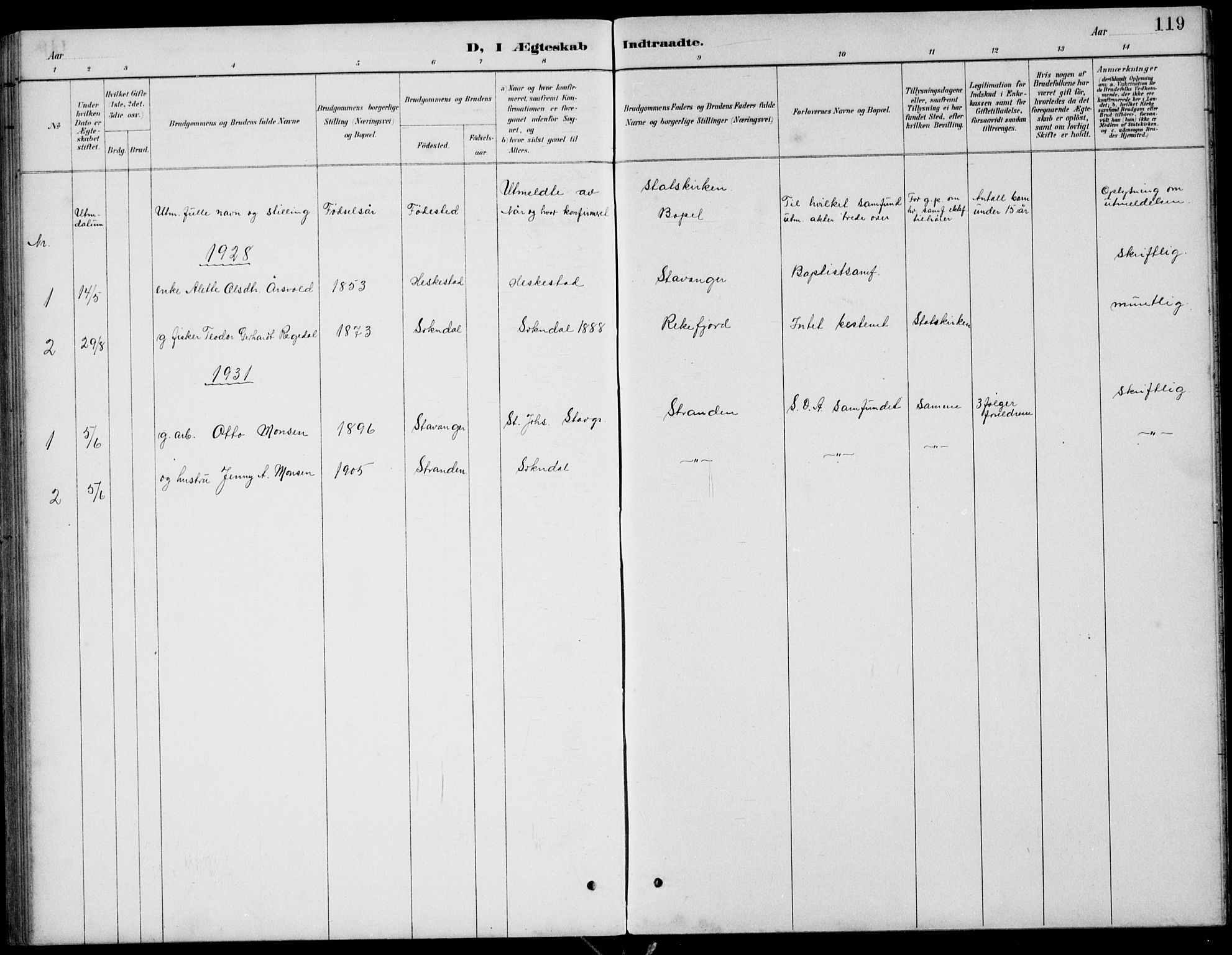 Sokndal sokneprestkontor, AV/SAST-A-101808: Parish register (copy) no. B 5, 1887-1934, p. 119