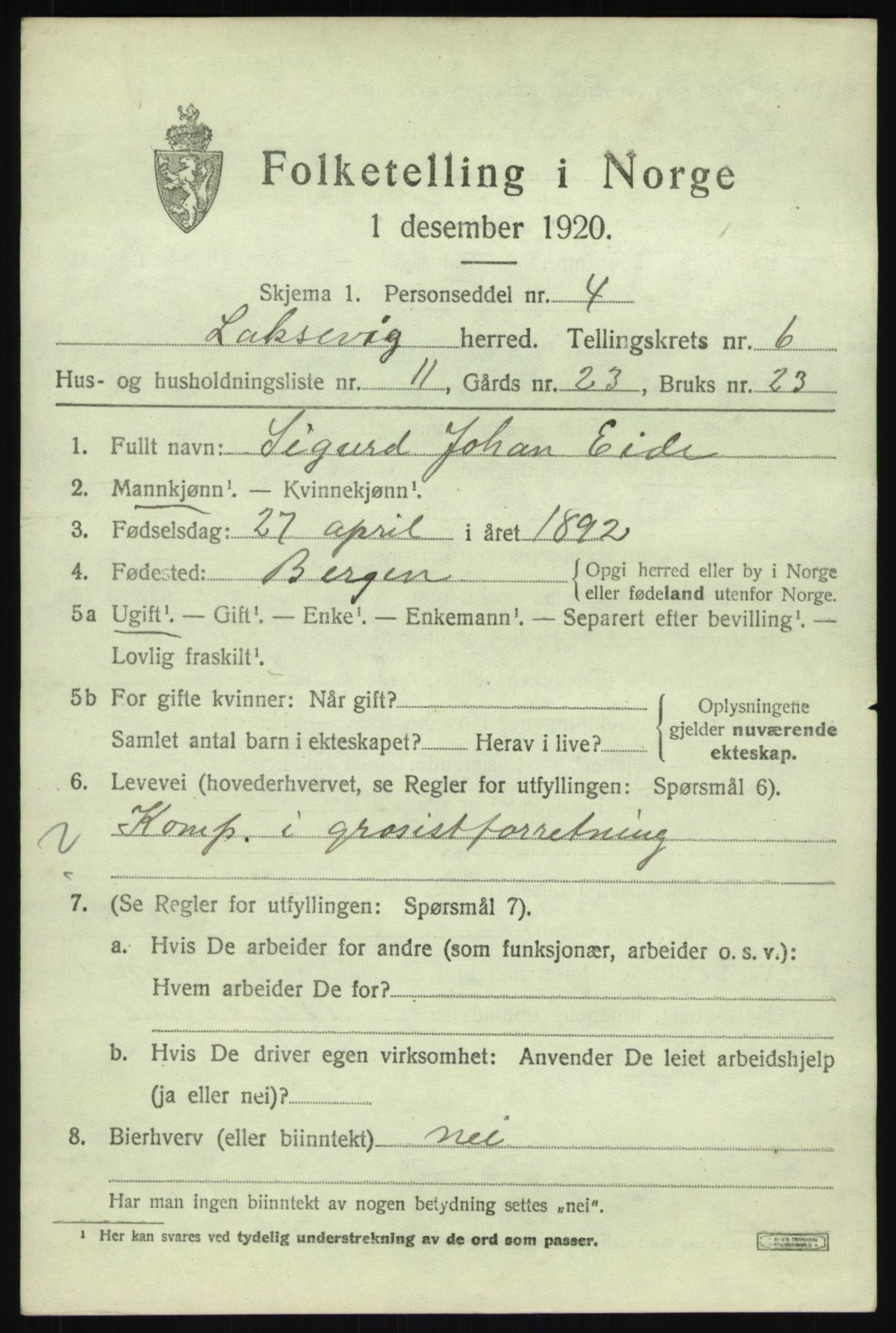 SAB, 1920 census for Laksevåg, 1920, p. 17298