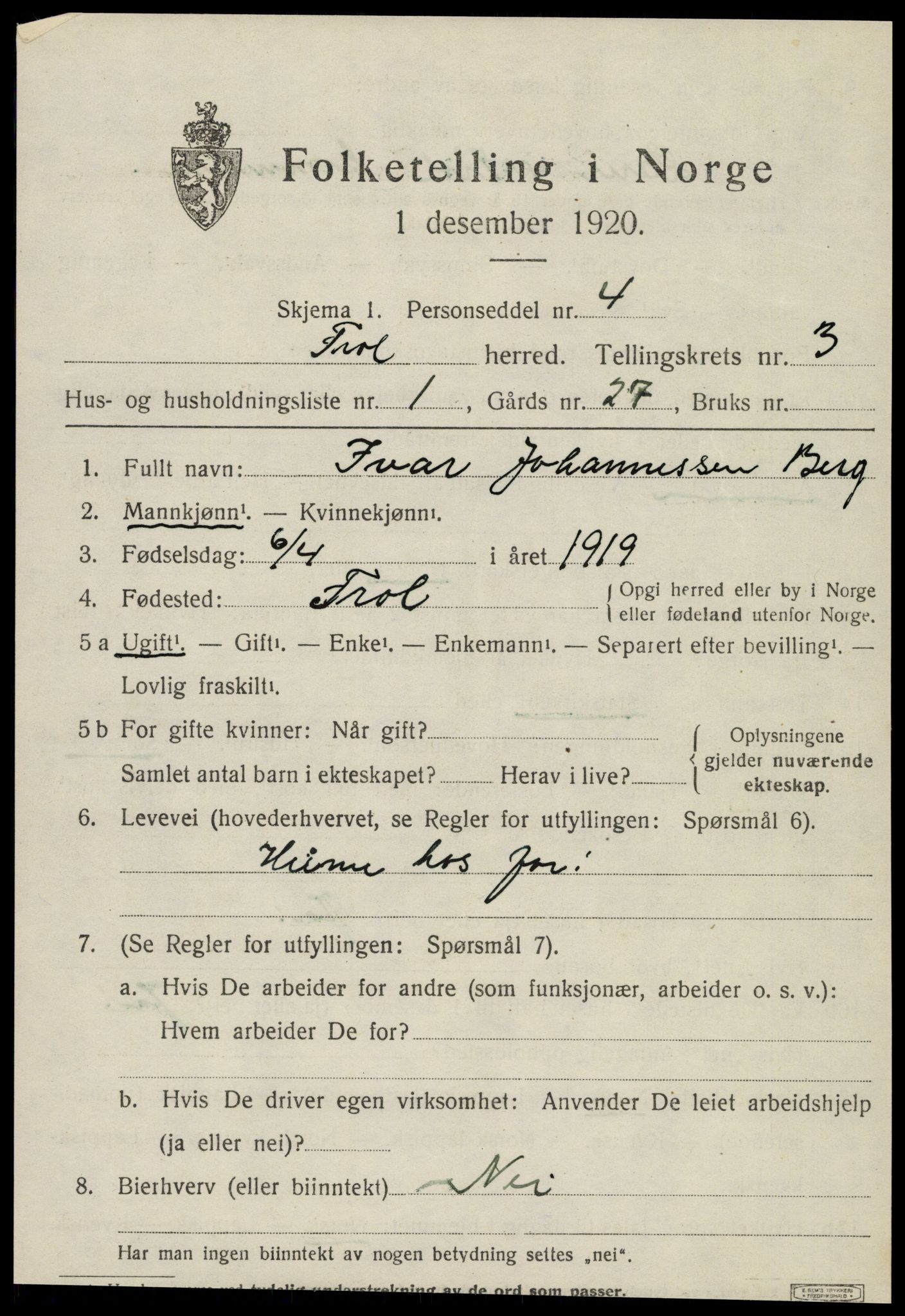 SAT, 1920 census for Frol, 1920, p. 2999