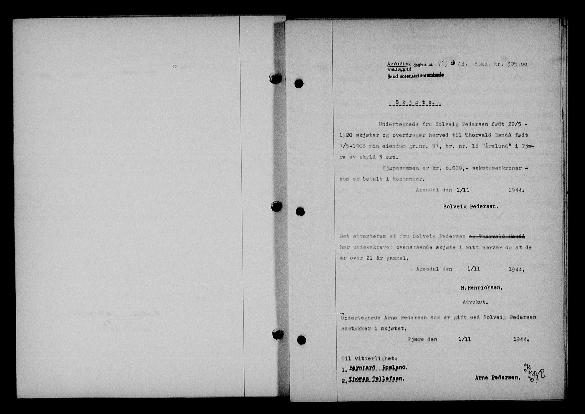 Vestre Nedenes/Sand sorenskriveri, SAK/1221-0010/G/Gb/Gba/L0053: Mortgage book no. A 6, 1944-1945, Diary no: : 769/1944
