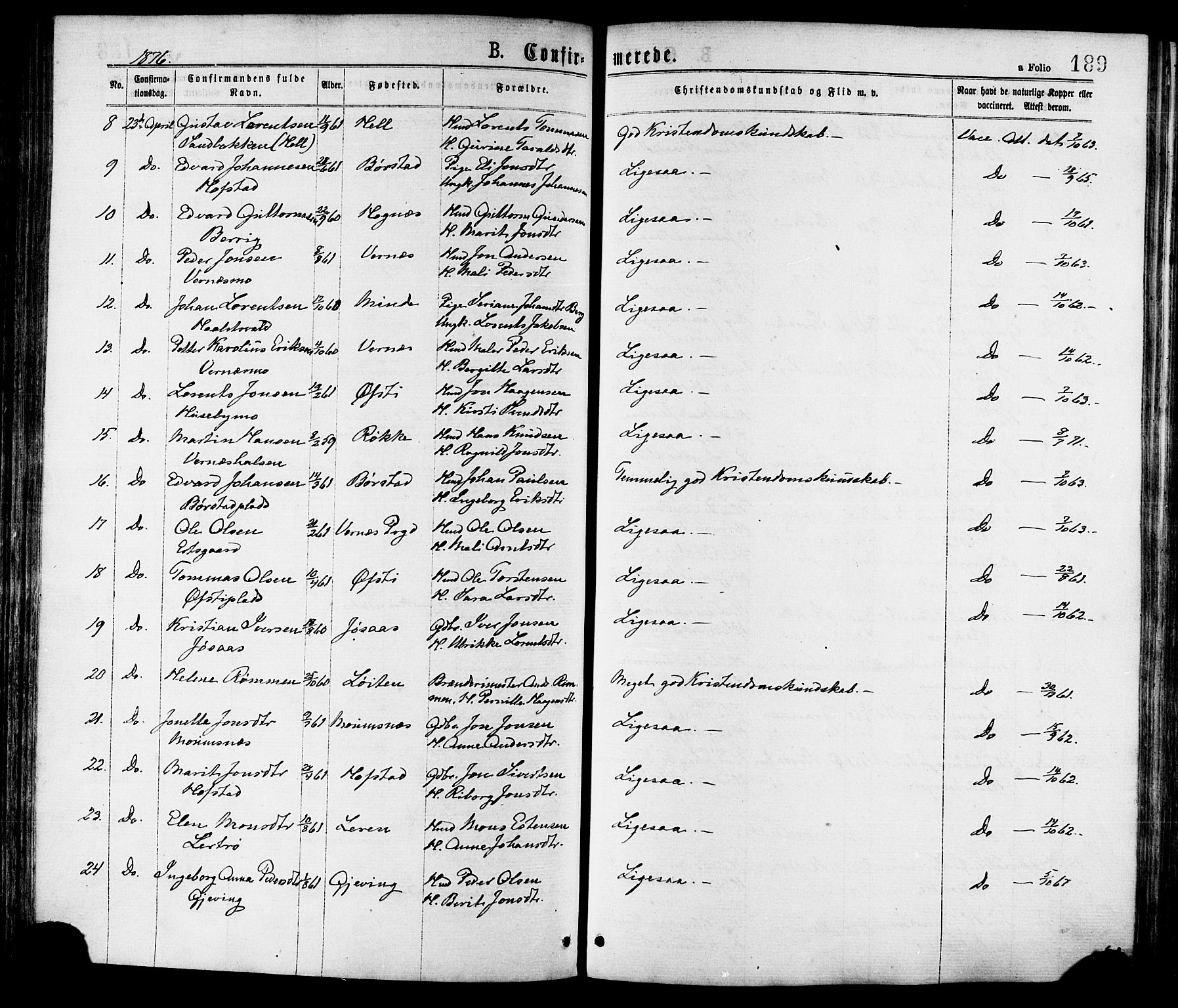 Ministerialprotokoller, klokkerbøker og fødselsregistre - Nord-Trøndelag, AV/SAT-A-1458/709/L0076: Parish register (official) no. 709A16, 1871-1879, p. 189