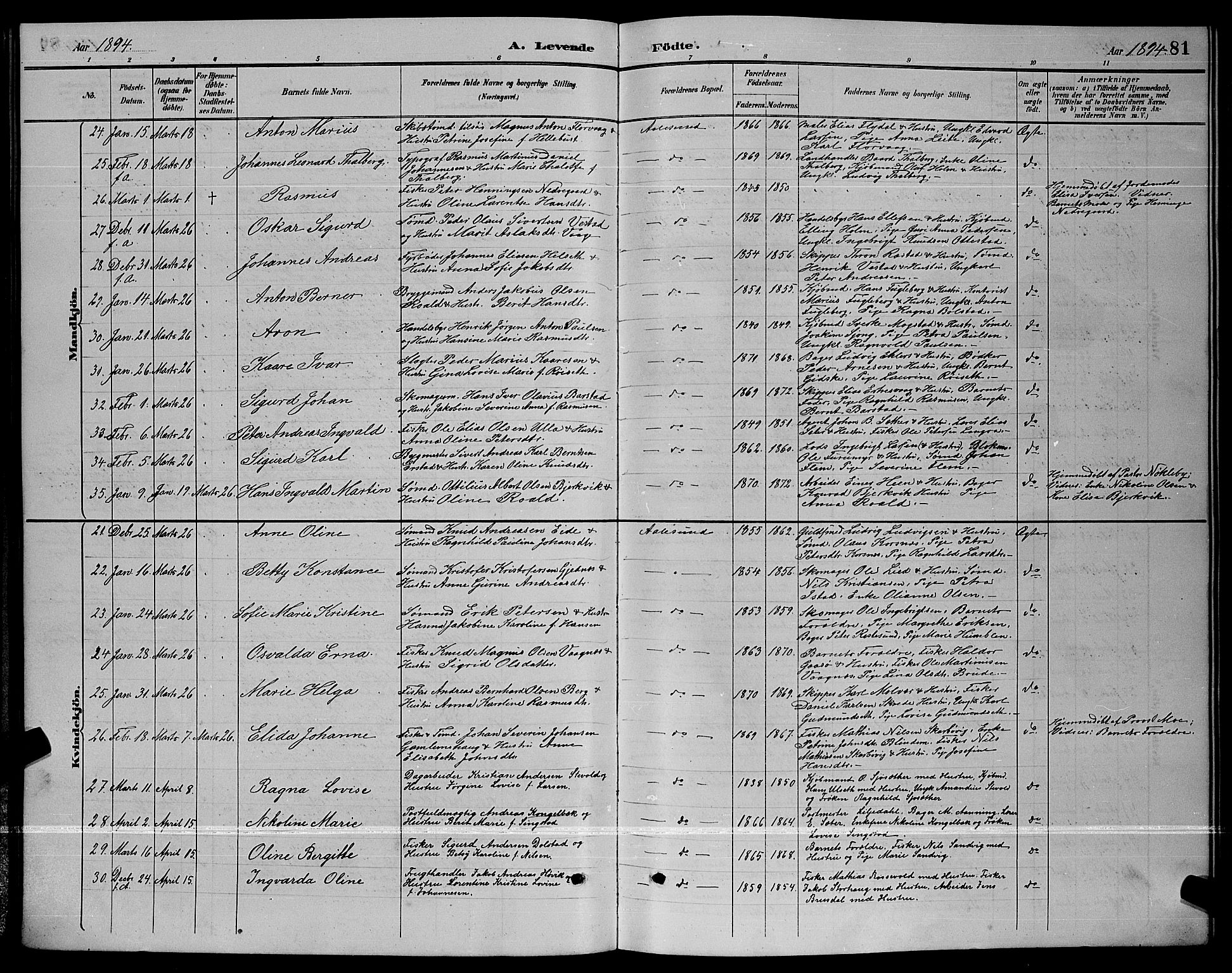 Ministerialprotokoller, klokkerbøker og fødselsregistre - Møre og Romsdal, AV/SAT-A-1454/529/L0467: Parish register (copy) no. 529C04, 1889-1897, p. 81