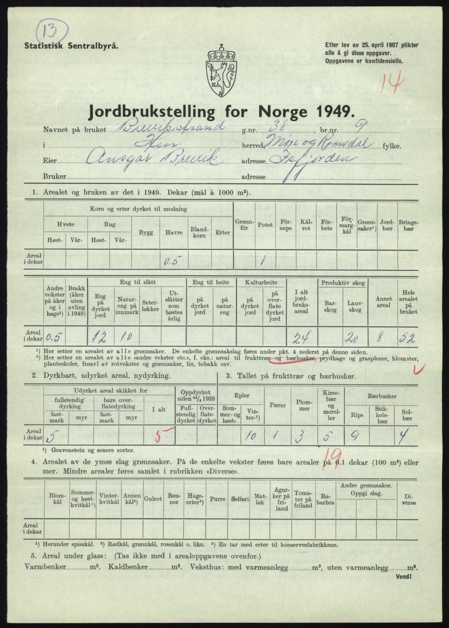 Statistisk sentralbyrå, Næringsøkonomiske emner, Jordbruk, skogbruk, jakt, fiske og fangst, AV/RA-S-2234/G/Gc/L0323: Møre og Romsdal: Grytten og Hen, 1949, p. 685