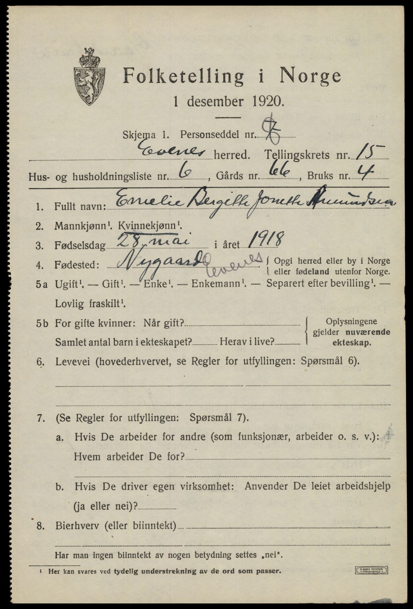 SAT, 1920 census for Evenes, 1920, p. 12810