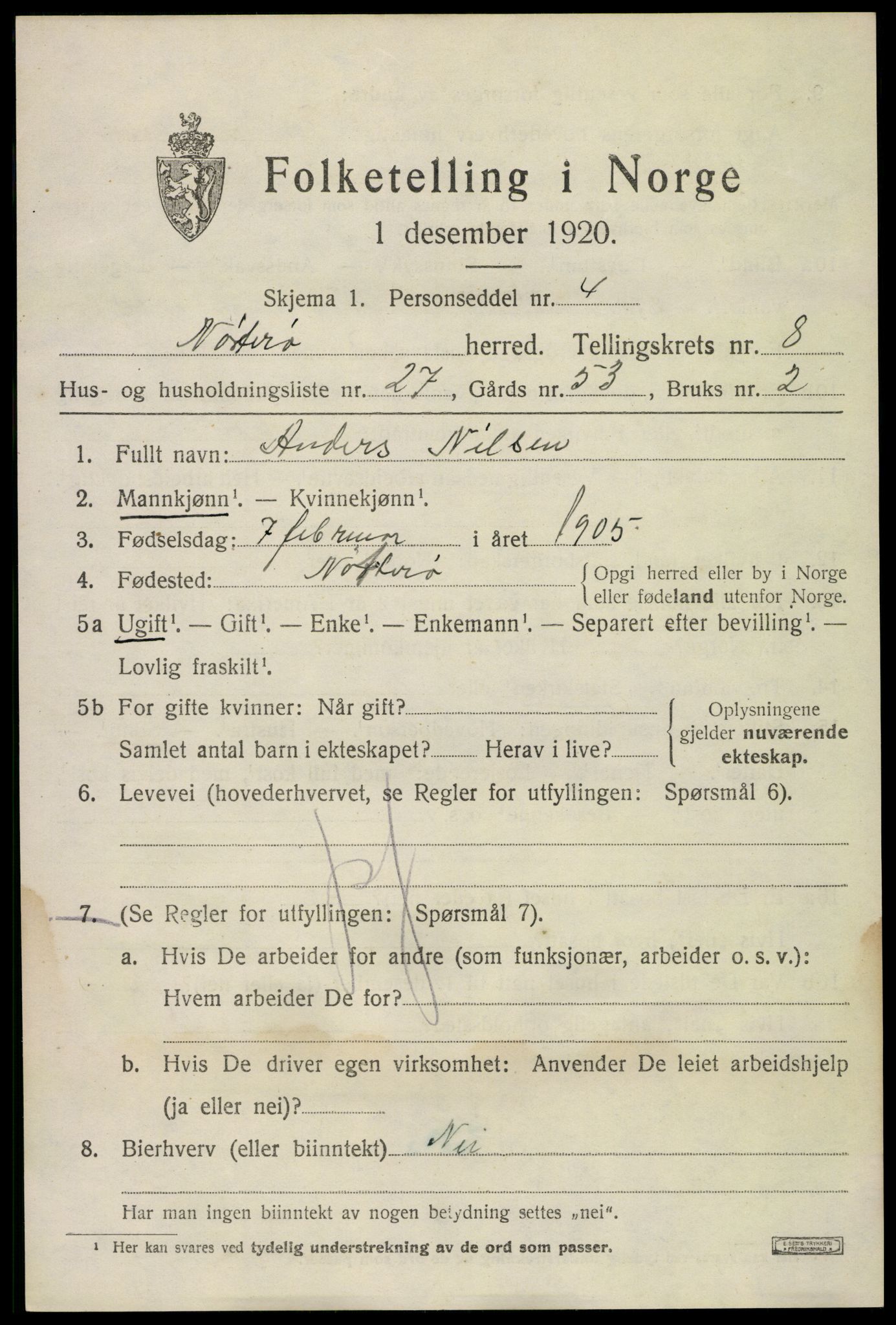 SAKO, 1920 census for Nøtterøy, 1920, p. 10689