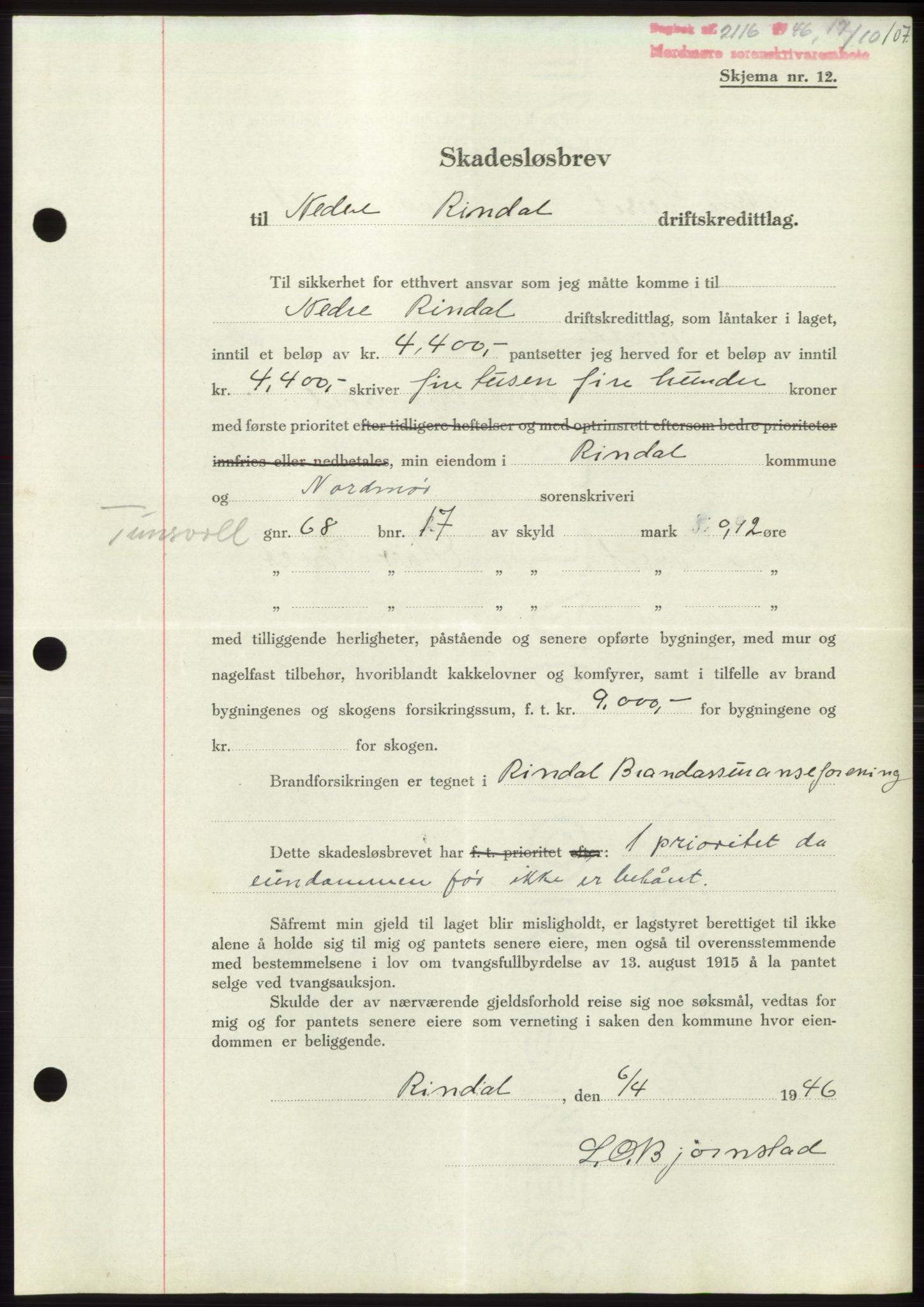 Nordmøre sorenskriveri, AV/SAT-A-4132/1/2/2Ca: Mortgage book no. B95, 1946-1947, Diary no: : 2116/1946