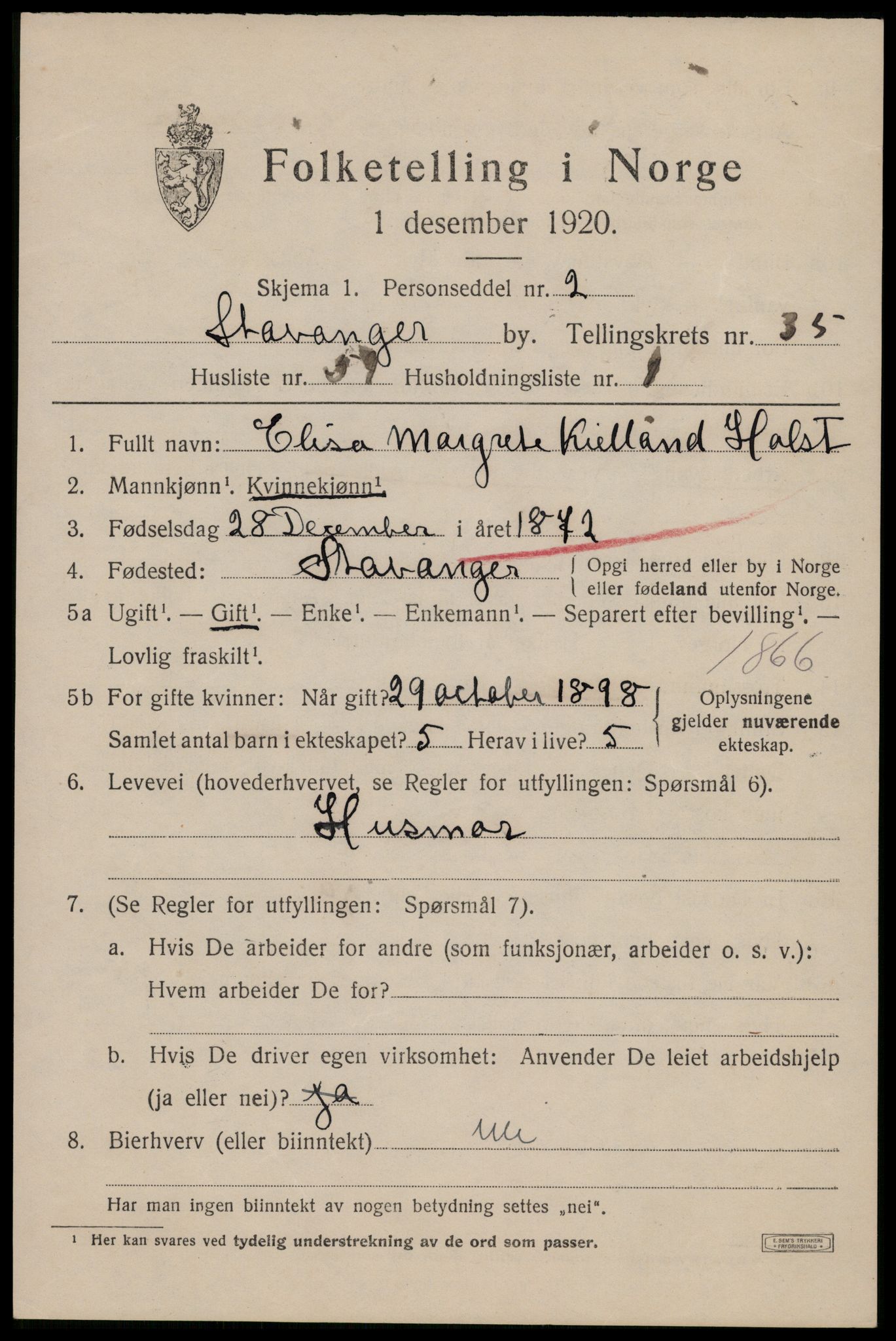 SAST, 1920 census for Stavanger, 1920, p. 94716