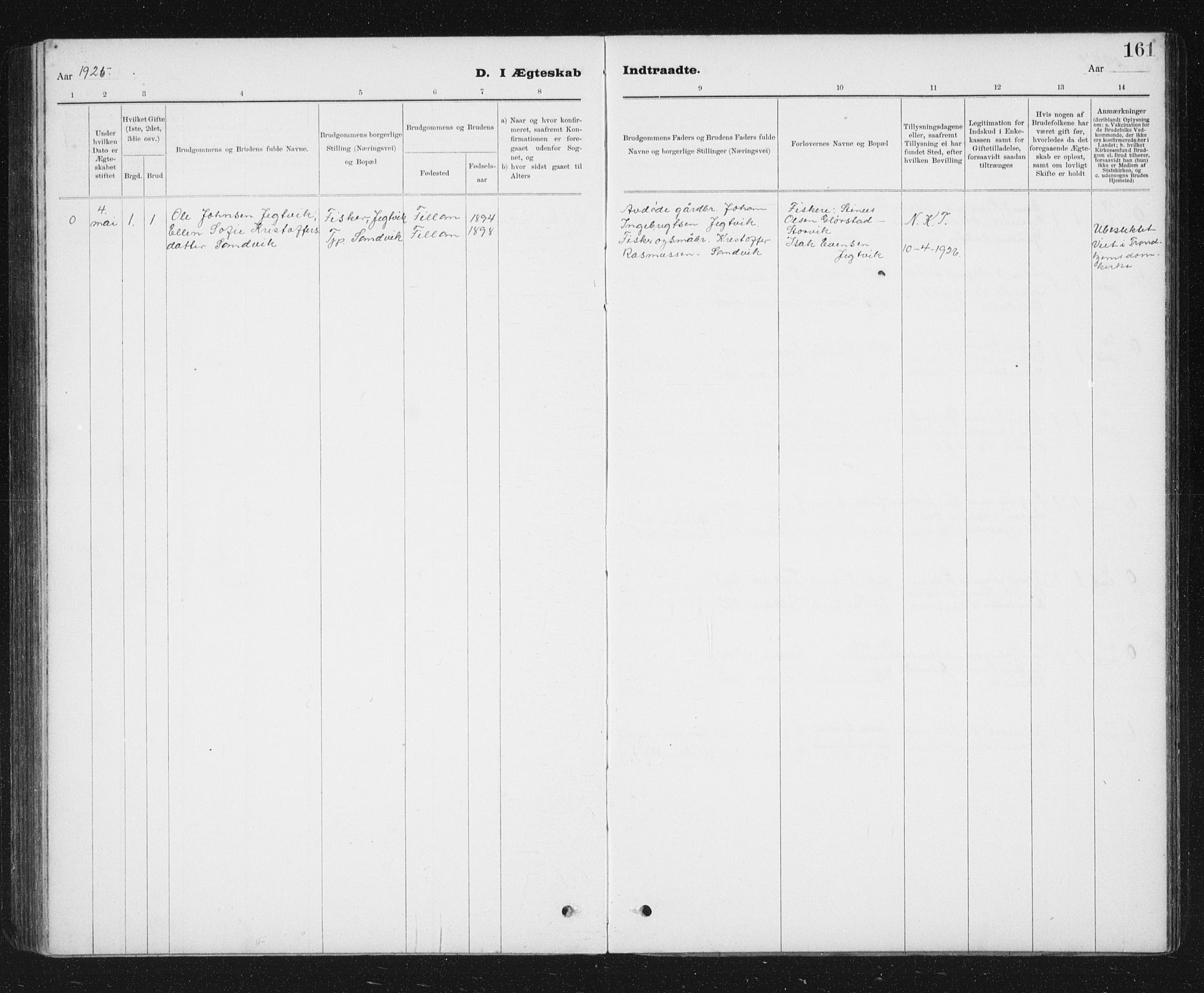 Ministerialprotokoller, klokkerbøker og fødselsregistre - Sør-Trøndelag, SAT/A-1456/637/L0563: Parish register (copy) no. 637C04, 1899-1940, p. 161