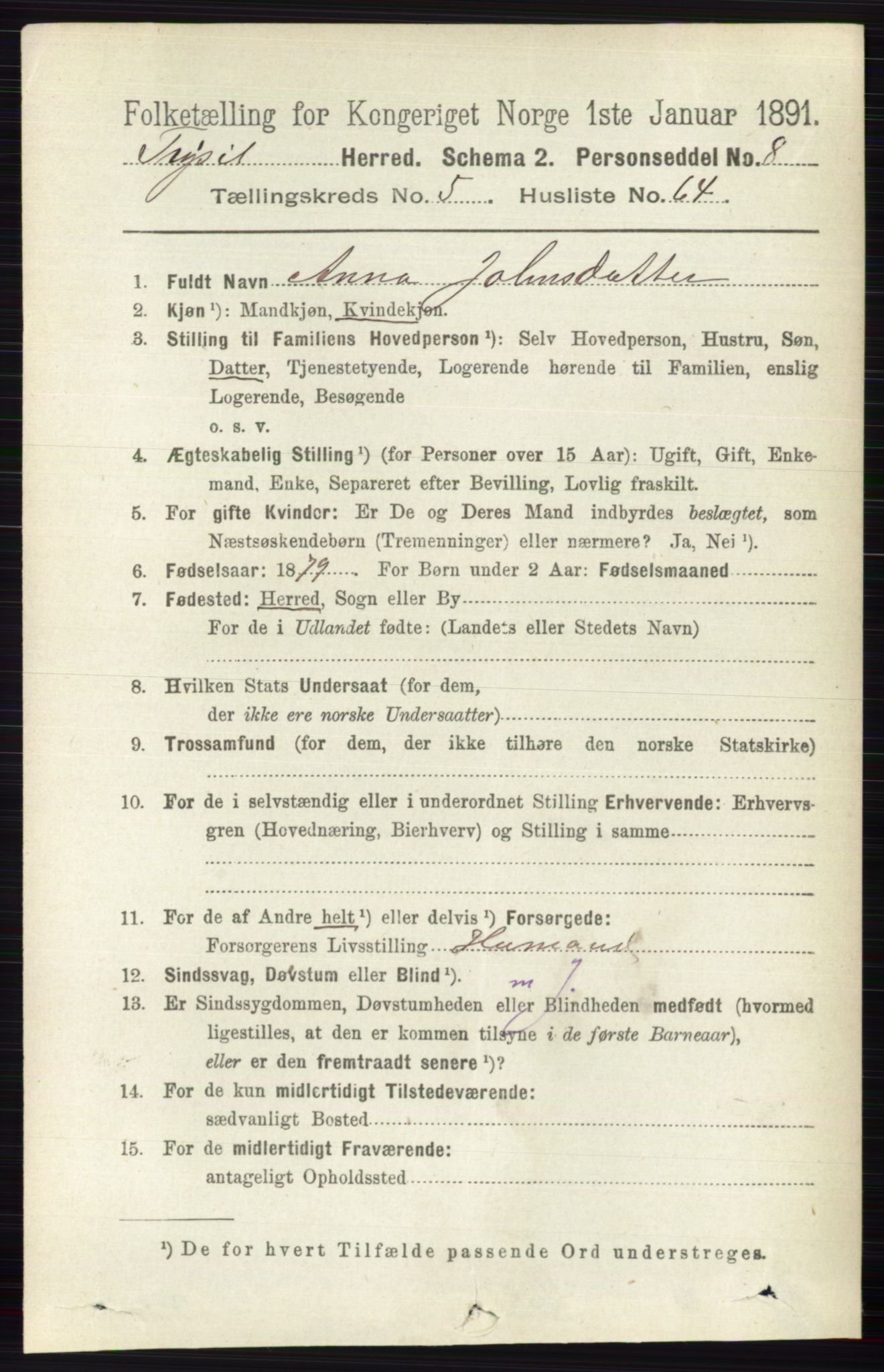 RA, 1891 census for 0428 Trysil, 1891, p. 2733