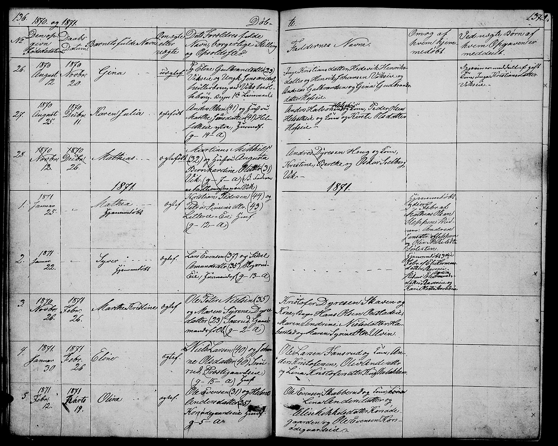 Stange prestekontor, SAH/PREST-002/L/L0005: Parish register (copy) no. 5, 1861-1881, p. 136-137