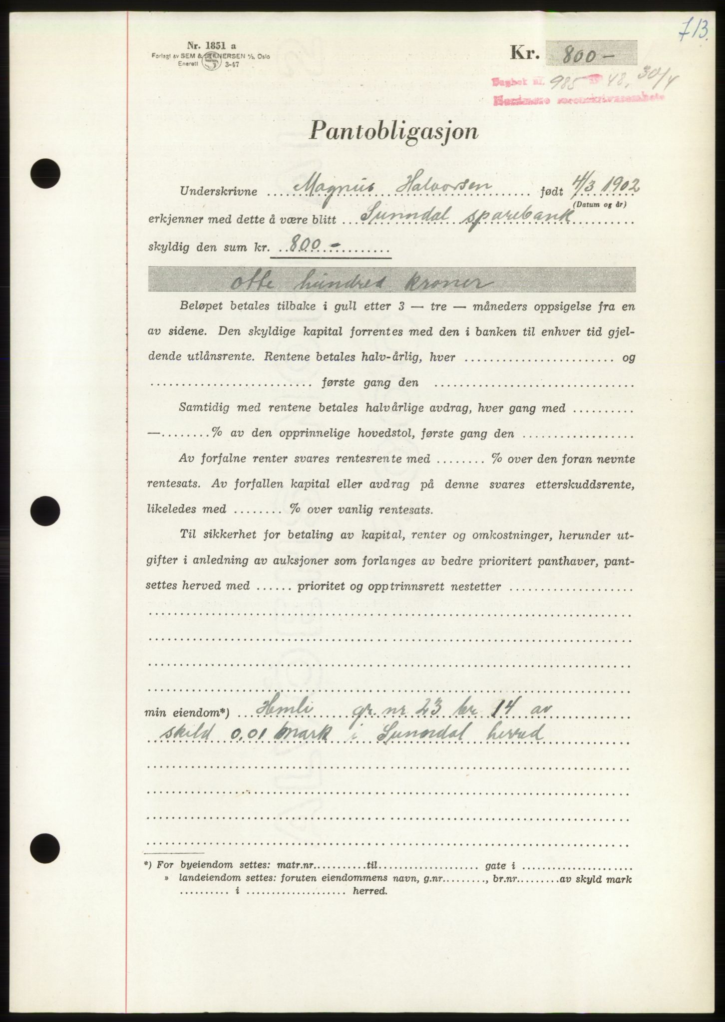 Nordmøre sorenskriveri, AV/SAT-A-4132/1/2/2Ca: Mortgage book no. B98, 1948-1948, Diary no: : 985/1948