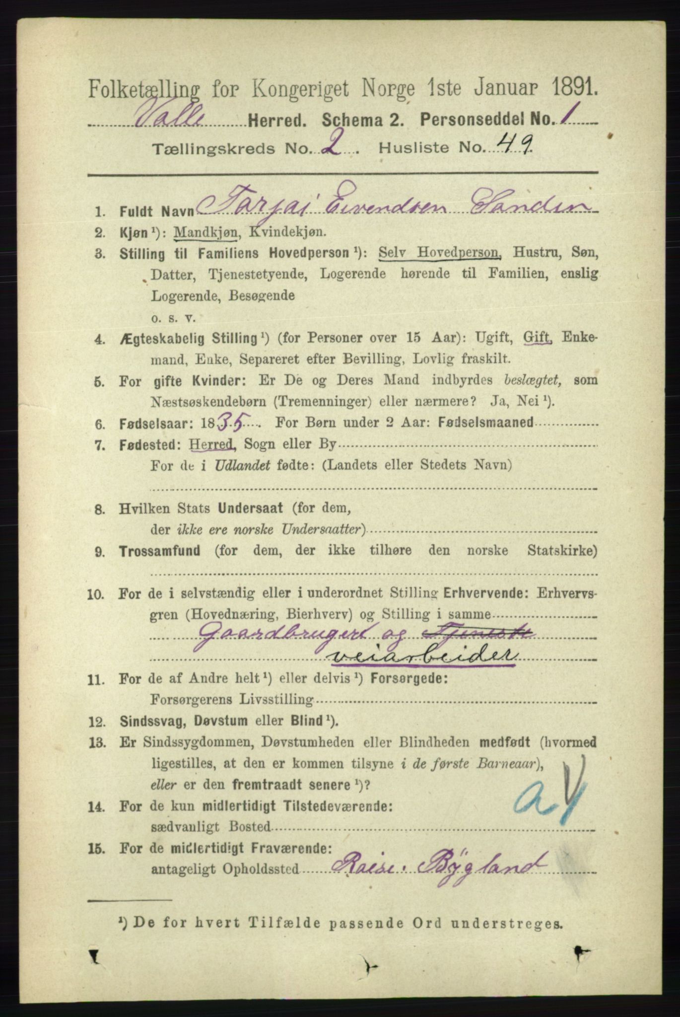 RA, 1891 census for 0940 Valle, 1891, p. 623