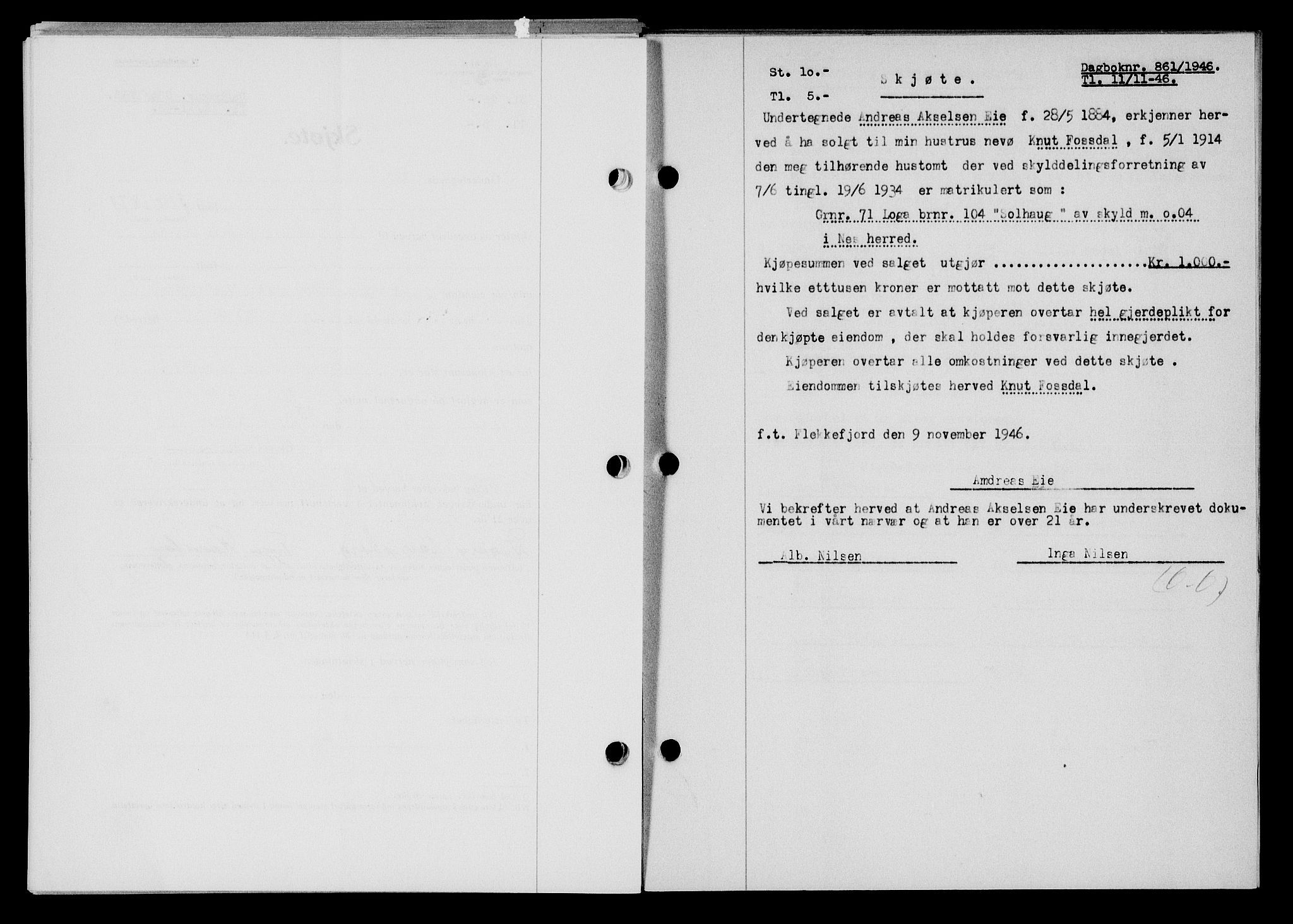 Flekkefjord sorenskriveri, AV/SAK-1221-0001/G/Gb/Gba/L0061: Mortgage book no. A-9, 1946-1947, Diary no: : 861/1946