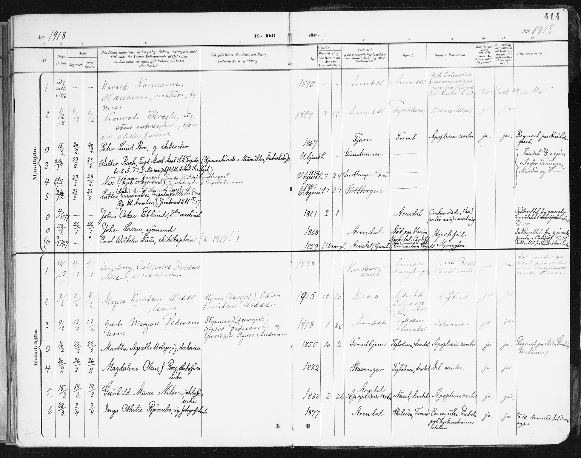 Arendal sokneprestkontor, Trefoldighet, SAK/1111-0040/F/Fa/L0010: Parish register (official) no. A 10, 1900-1919, p. 414