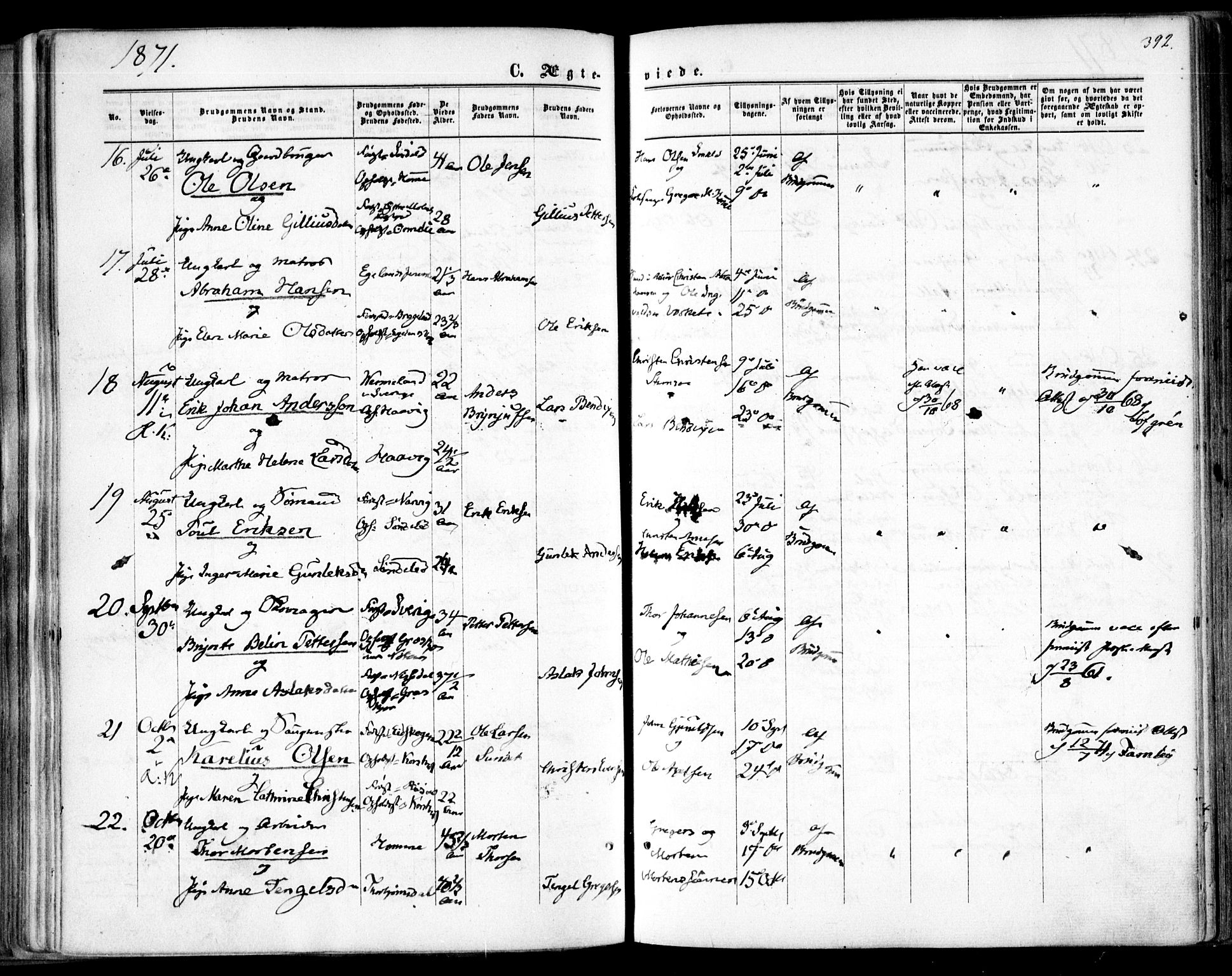 Søndeled sokneprestkontor, AV/SAK-1111-0038/F/Fa/L0003: Parish register (official) no. A 3, 1861-1879, p. 392