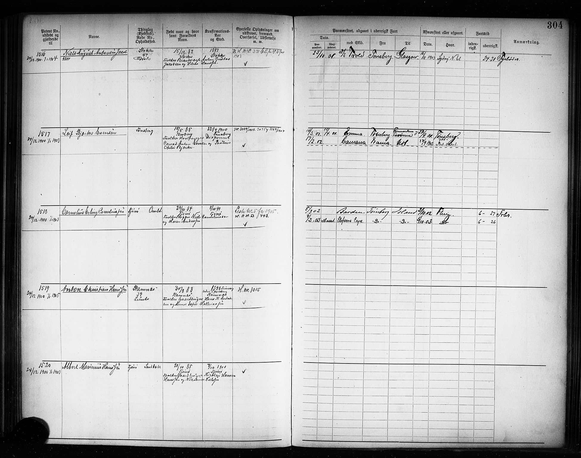Tønsberg innrulleringskontor, AV/SAKO-A-786/F/Fb/L0008: Annotasjonsrulle Patent nr. 1-2405, 1894-1904, p. 305