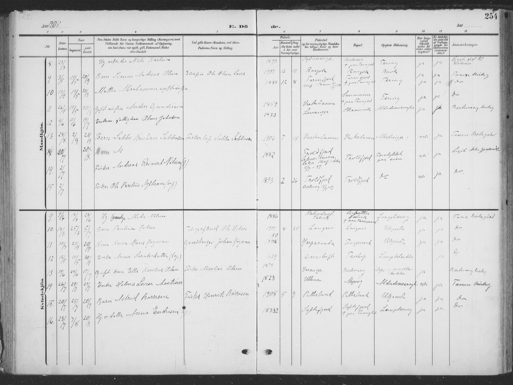 Tana sokneprestkontor, AV/SATØ-S-1334/H/Ha/L0007kirke: Parish register (official) no. 7, 1904-1918, p. 254