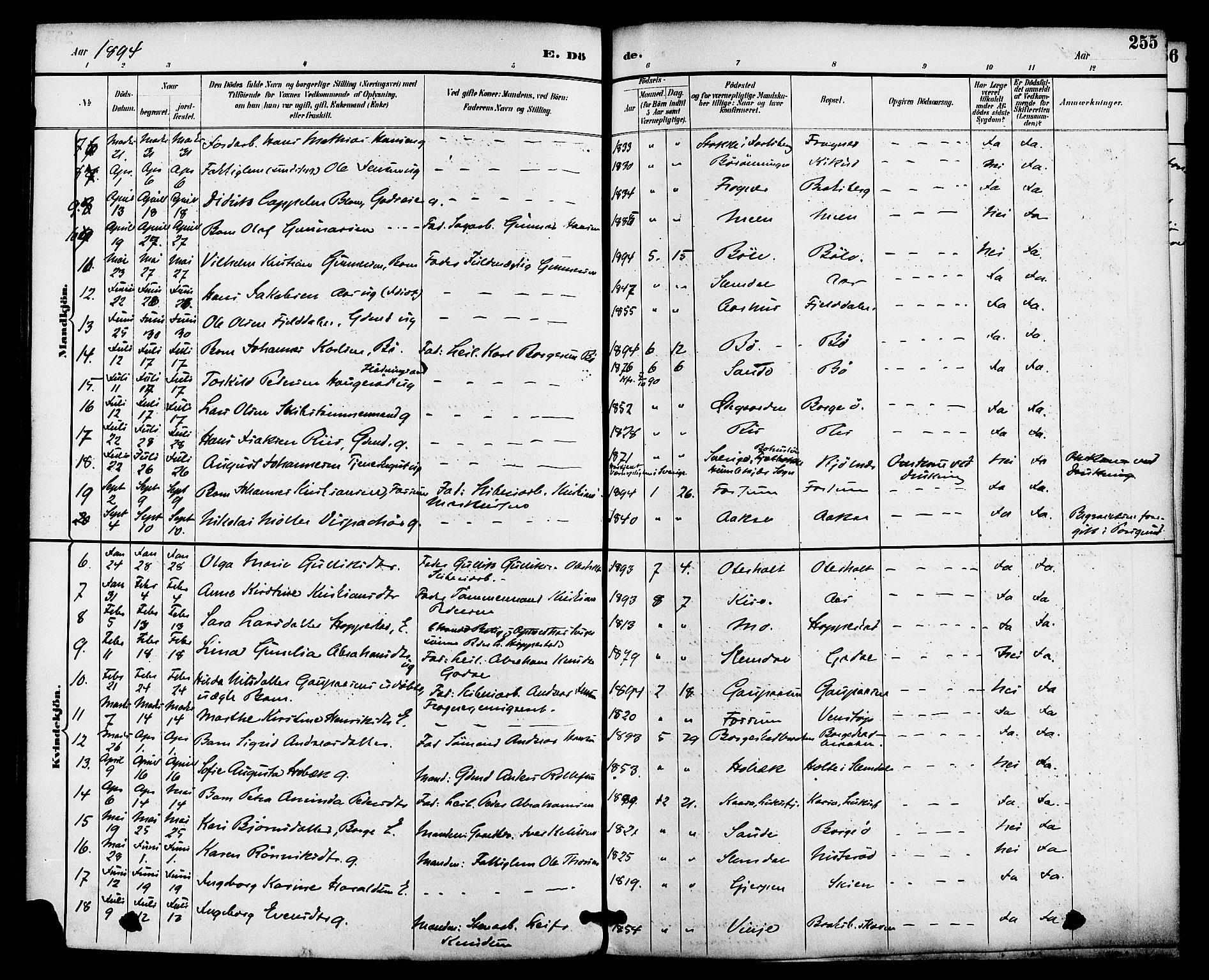 Gjerpen kirkebøker, SAKO/A-265/F/Fa/L0010: Parish register (official) no. I 10, 1886-1895, p. 255